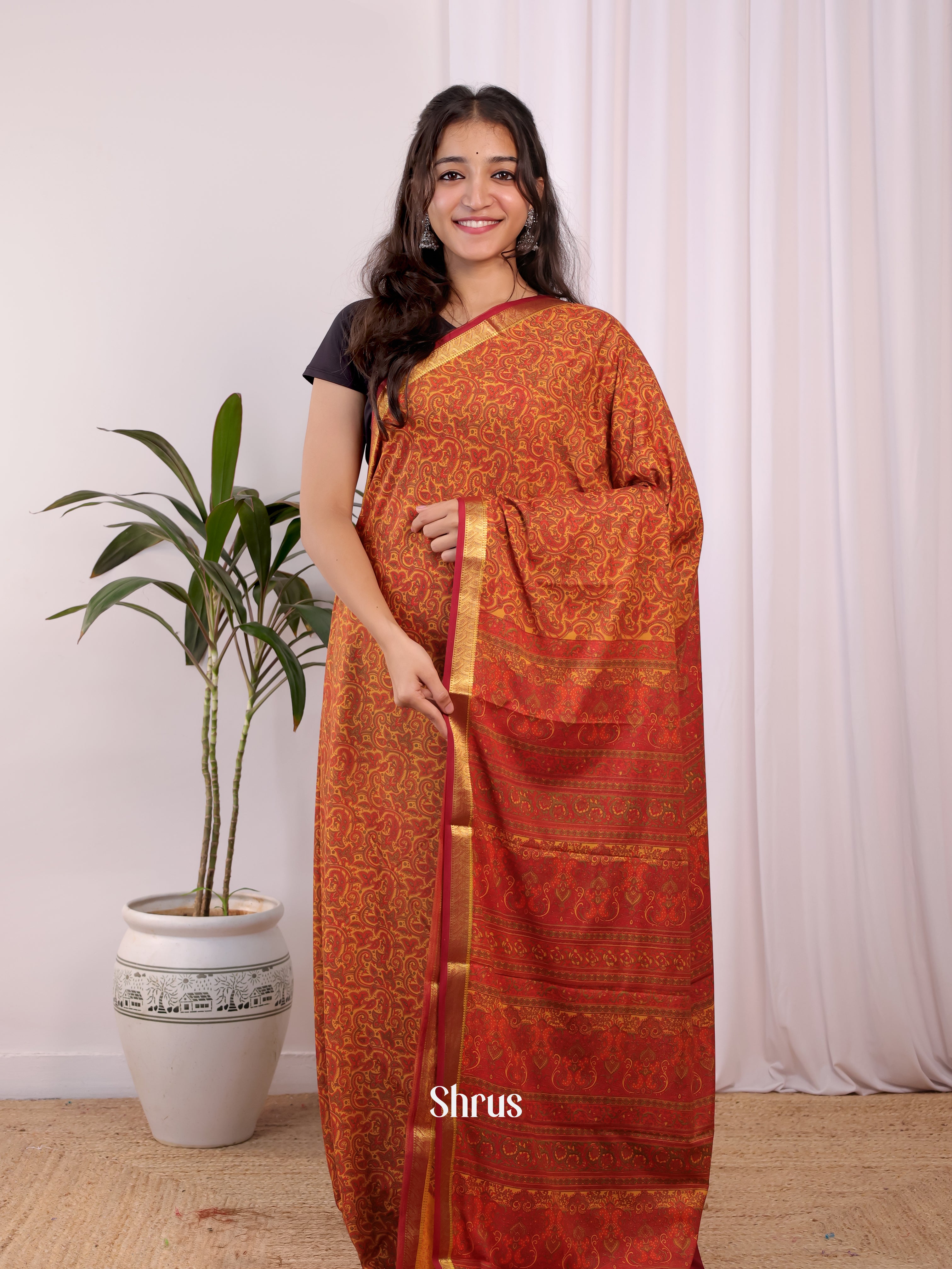 Dark Mustard & Maroon - Semi Mysoresilk Saree - Shop on Shrus.com