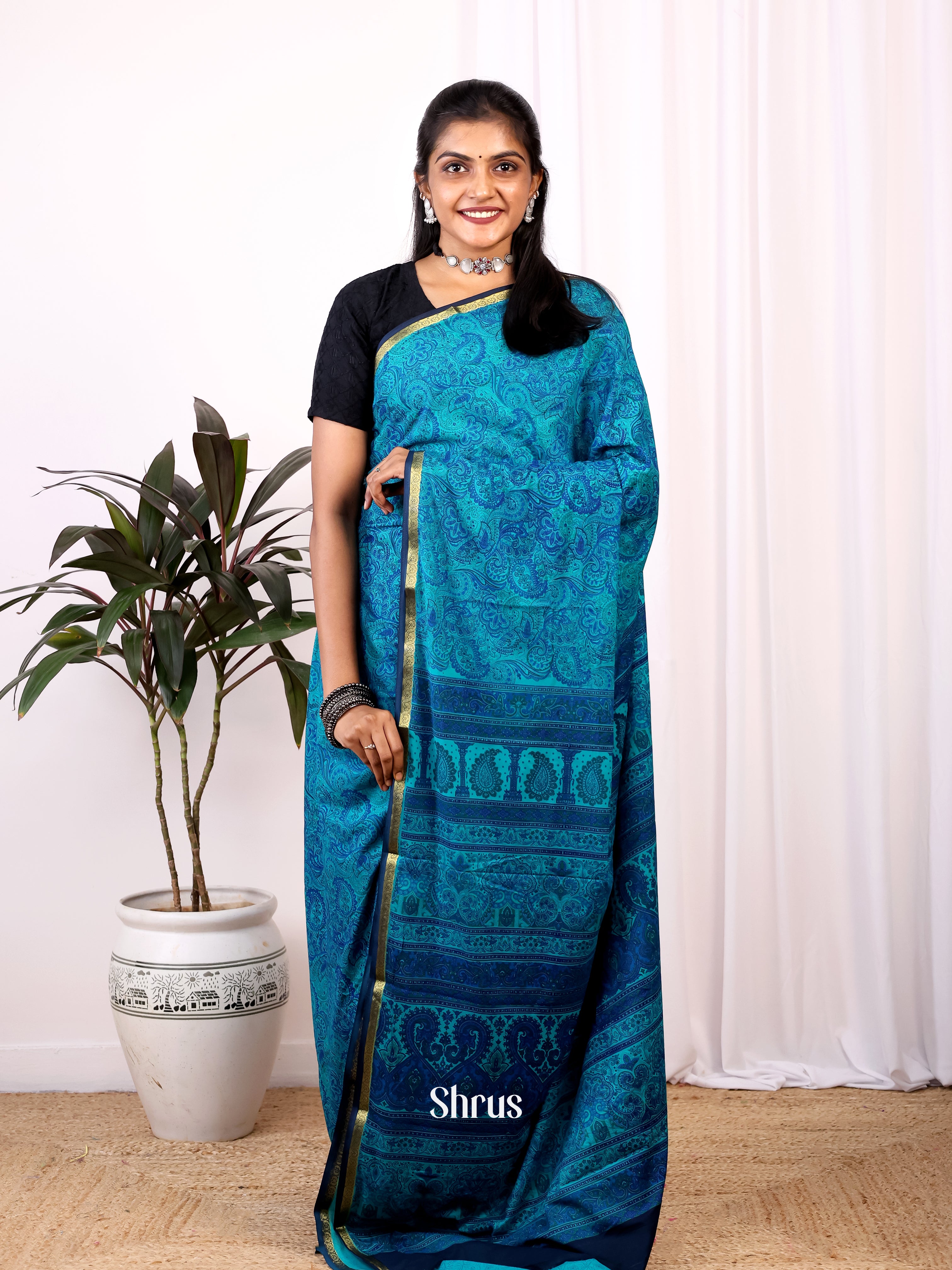 Blue - Semi Mysoresilk Saree - Shop on Shrus.com