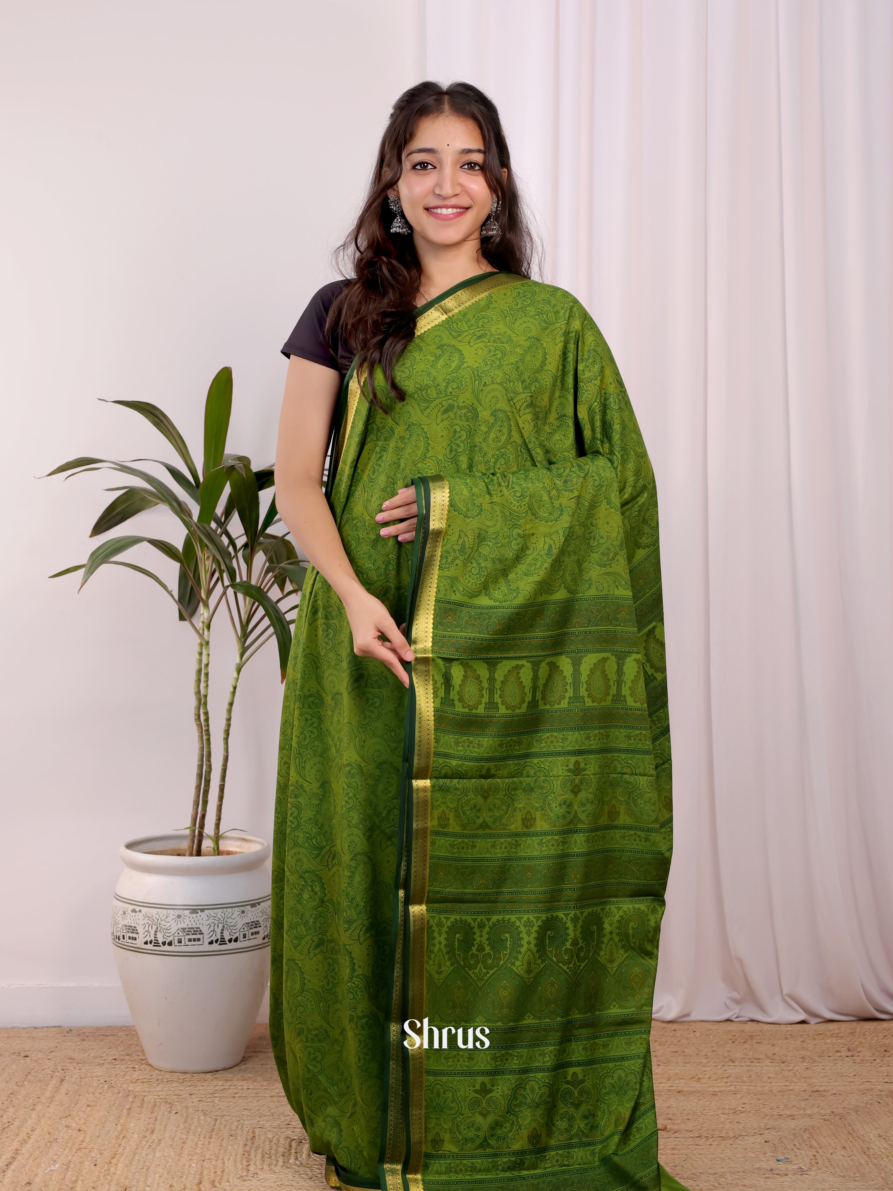 Green- Semi Mysoresilk Saree - Shop on Shrus.com