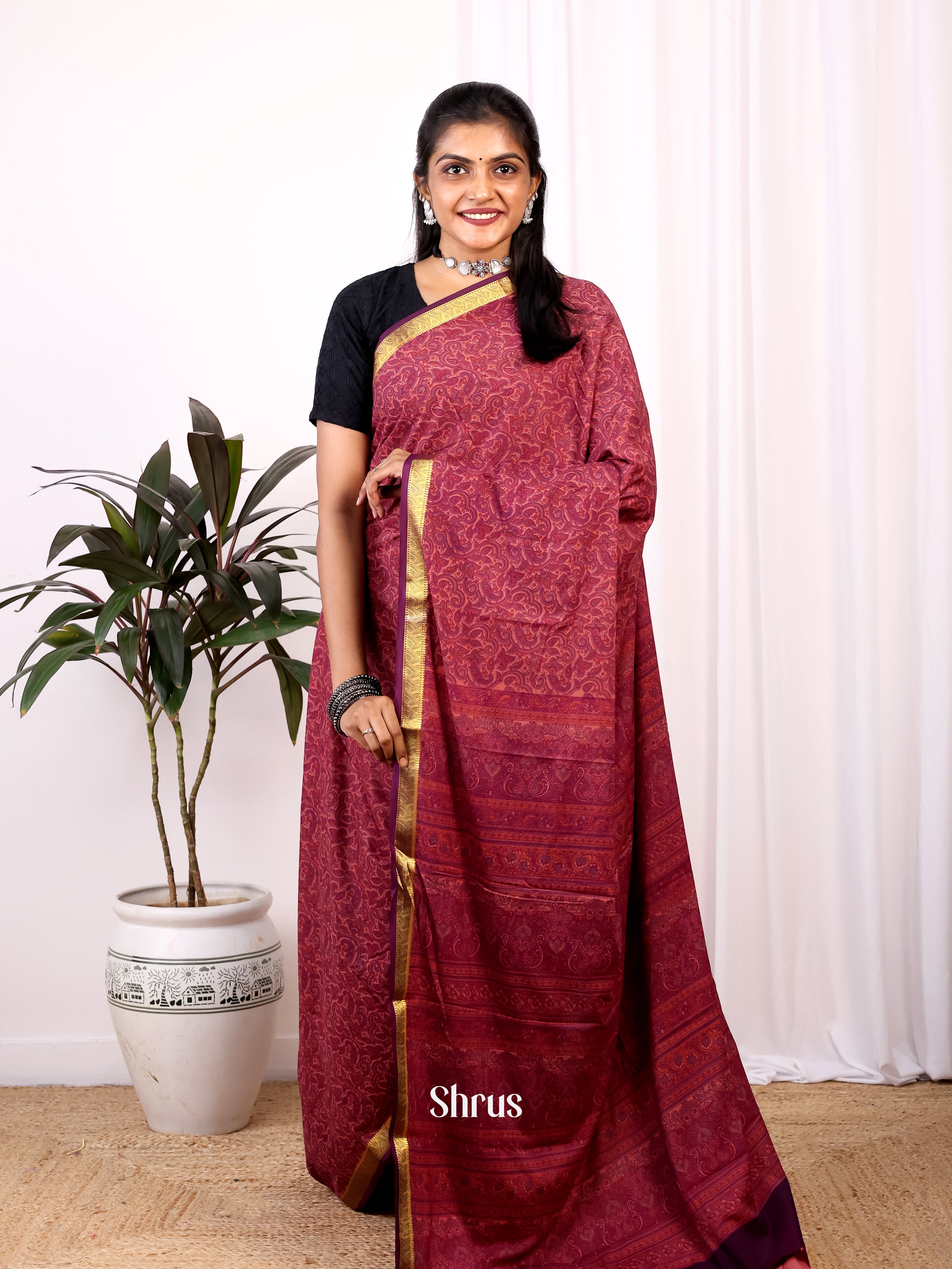 Maroon- Semi Mysoresilk Saree - Shop on Shrus.com