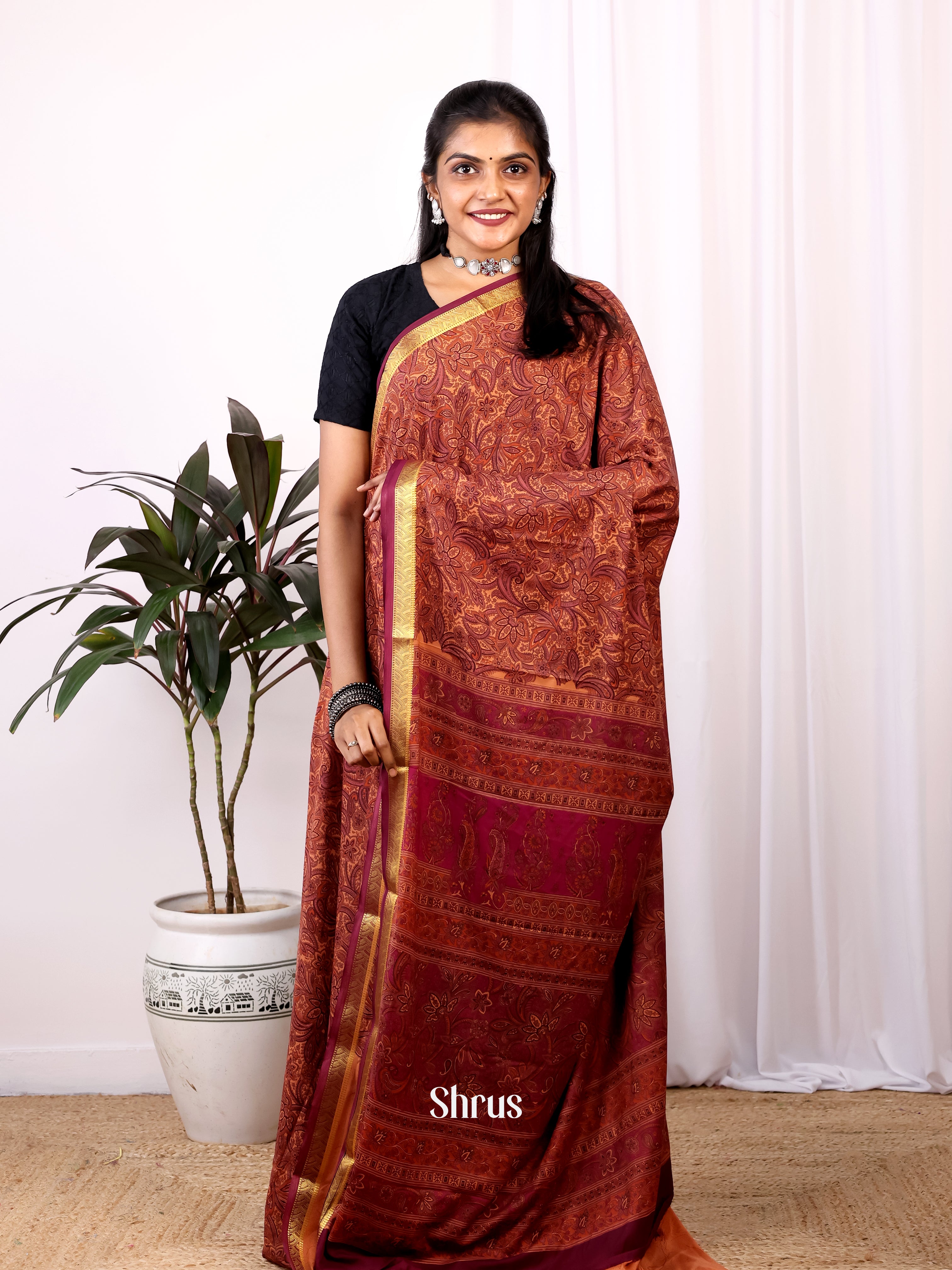 Brown - Semi Mysoresilk Saree - Shop on Shrus.com