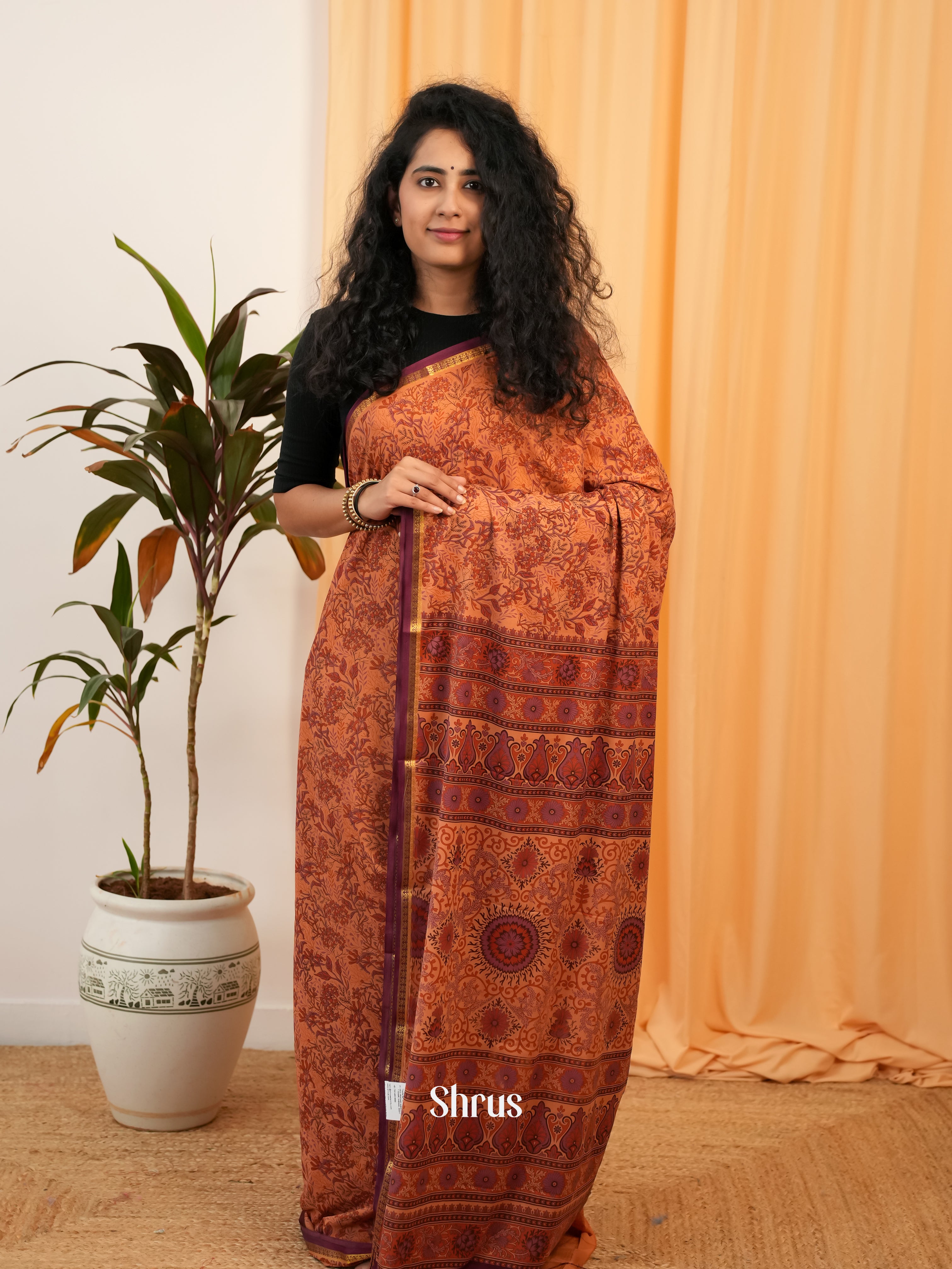 Brown - Semi Mysoresilk Saree - Shop on Shrus.com