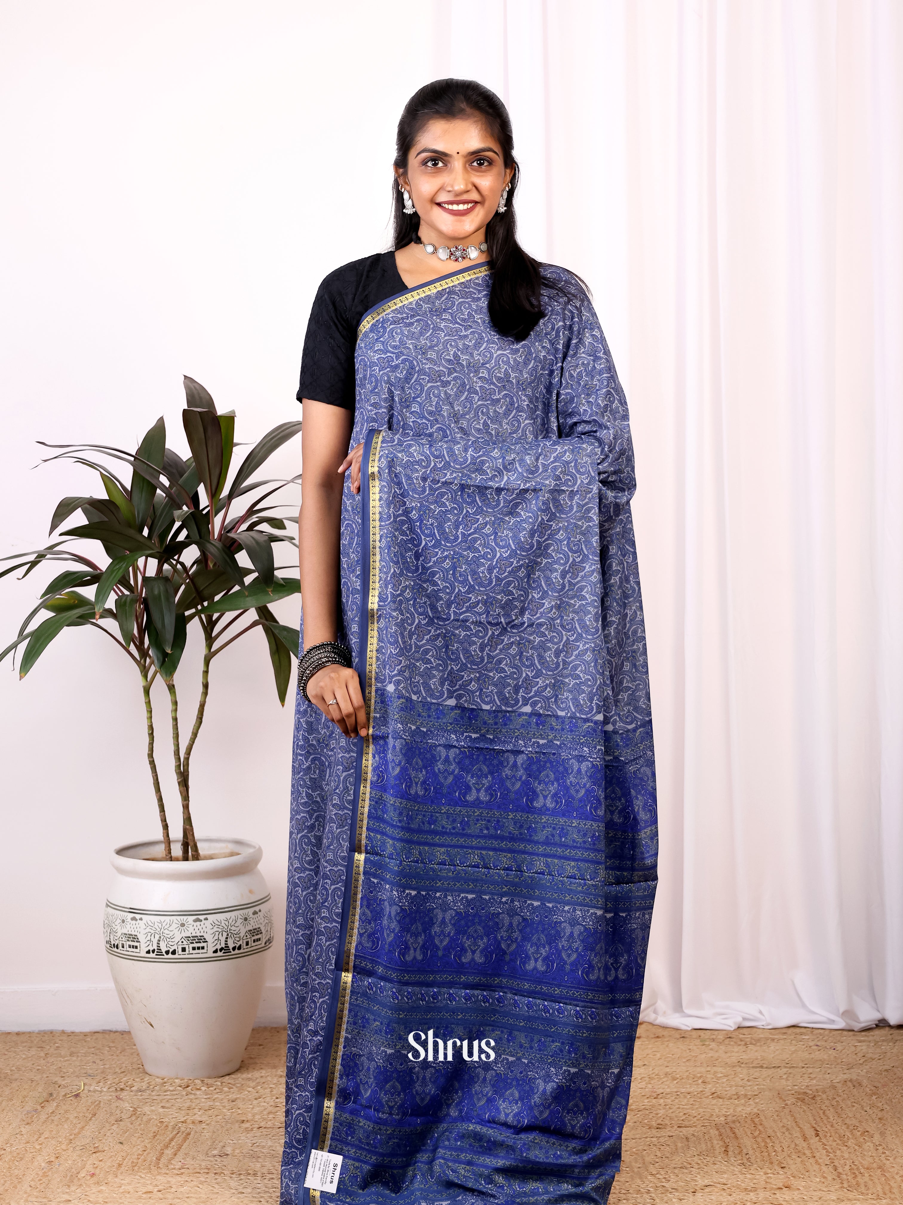 Blue- Semi Mysoresilk Saree - Shop on Shrus.com