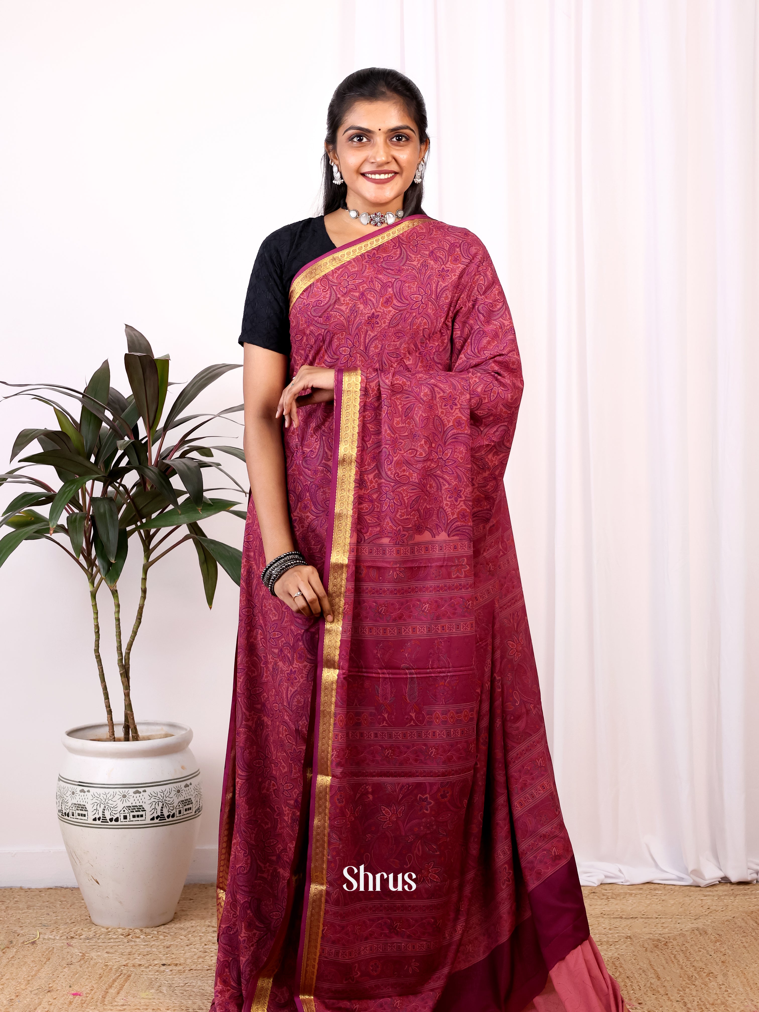 Maroon - Semi Mysoresilk Saree - Shop on Shrus.com