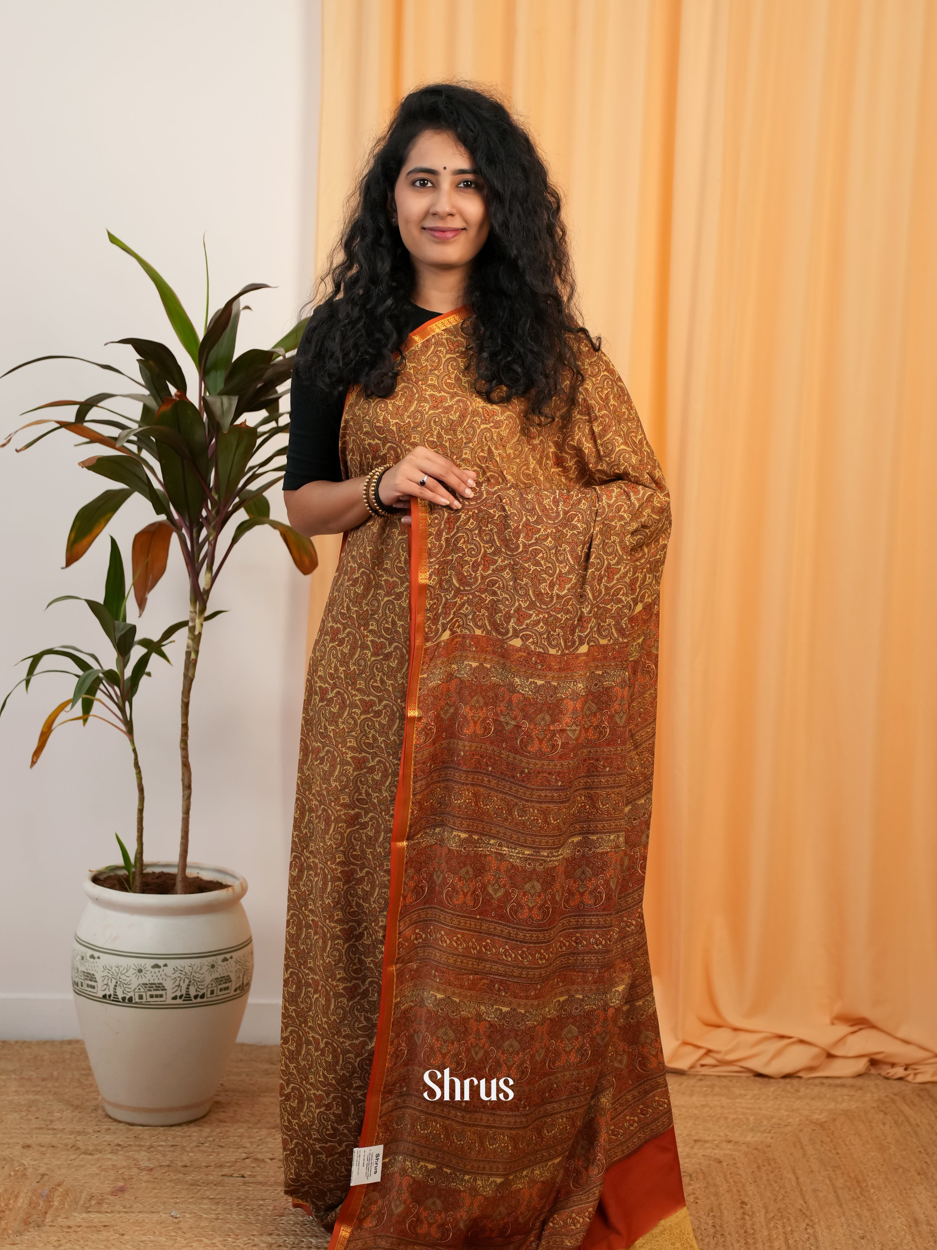 Brown & Yellow - Semi Mysoresilk Saree - Shop on Shrus.com