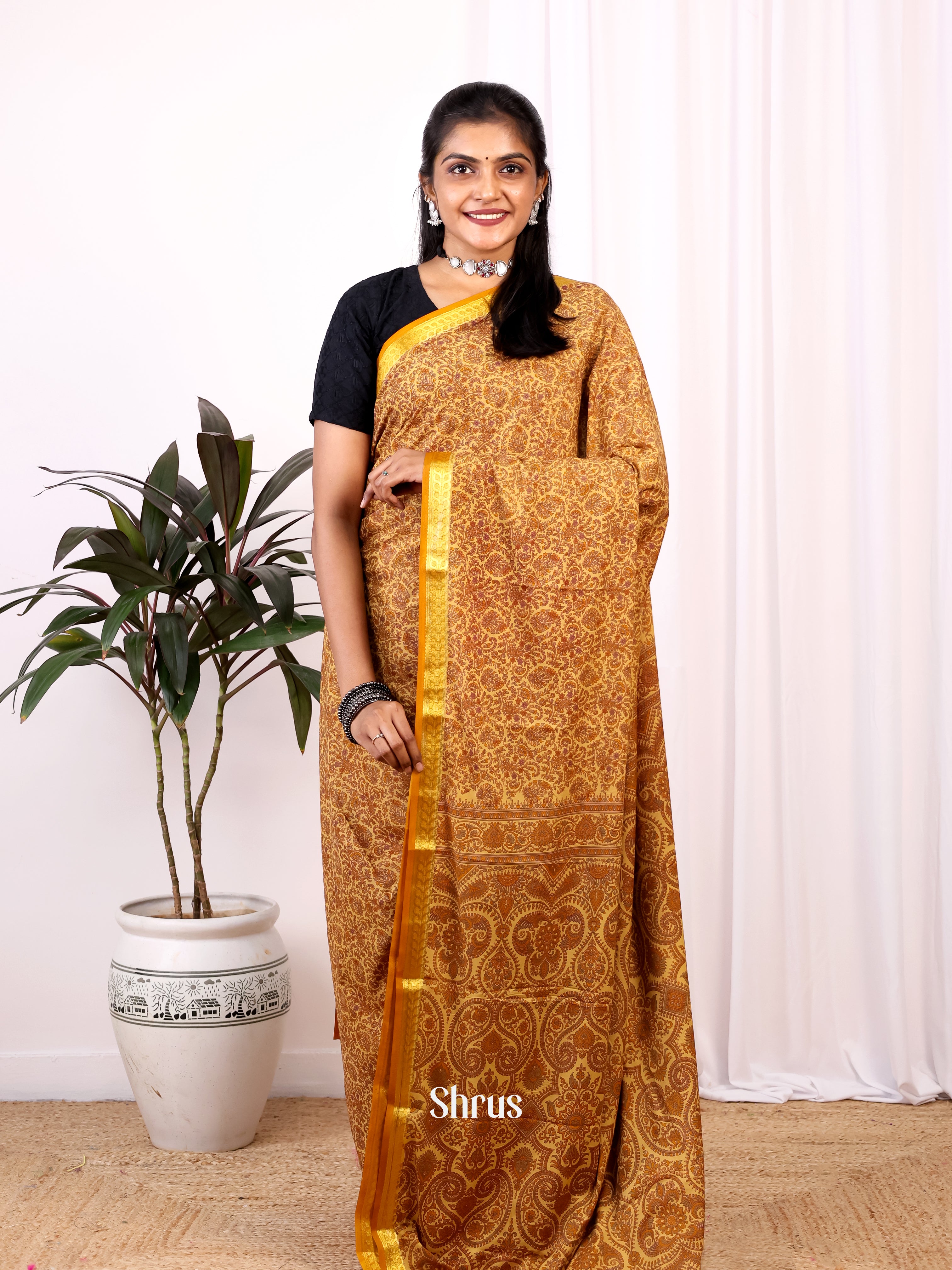 Beige & Maroon- Semi Mysoresilk Saree - Shop on Shrus.com