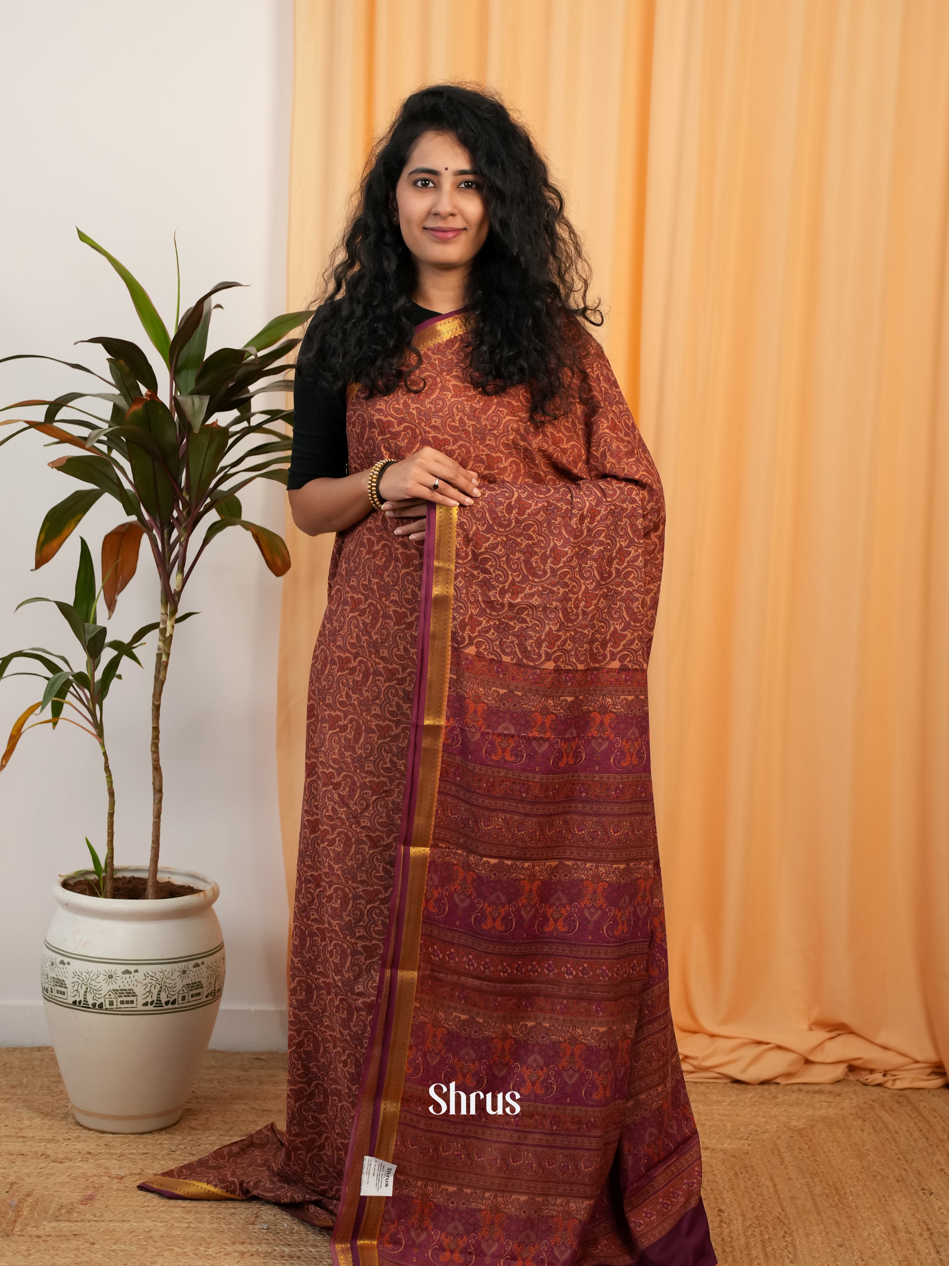 Brown - Semi Mysoresilk Saree - Shop on Shrus.com
