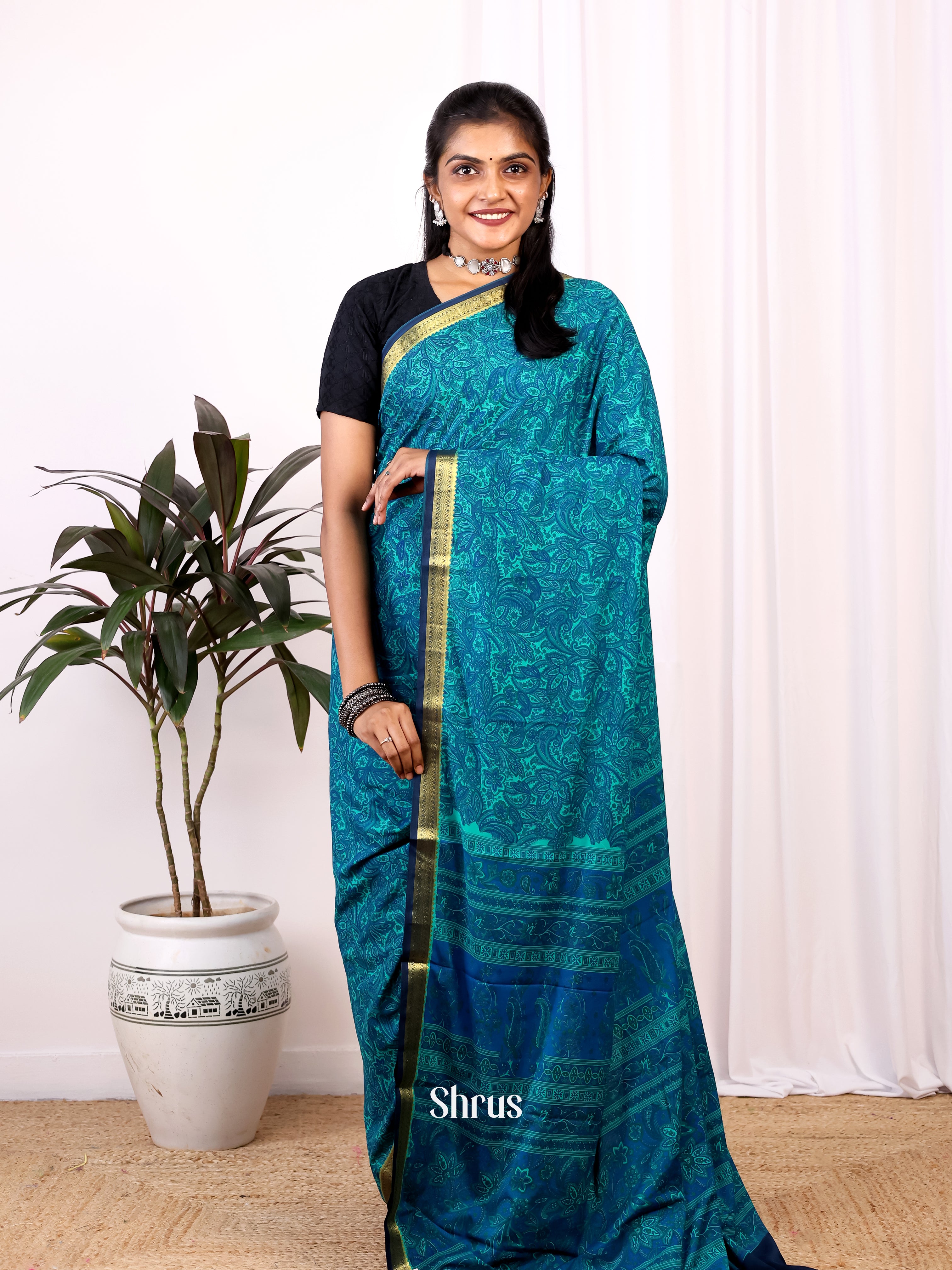 Blue - Semi Mysoresilk Saree - Shop on Shrus.com