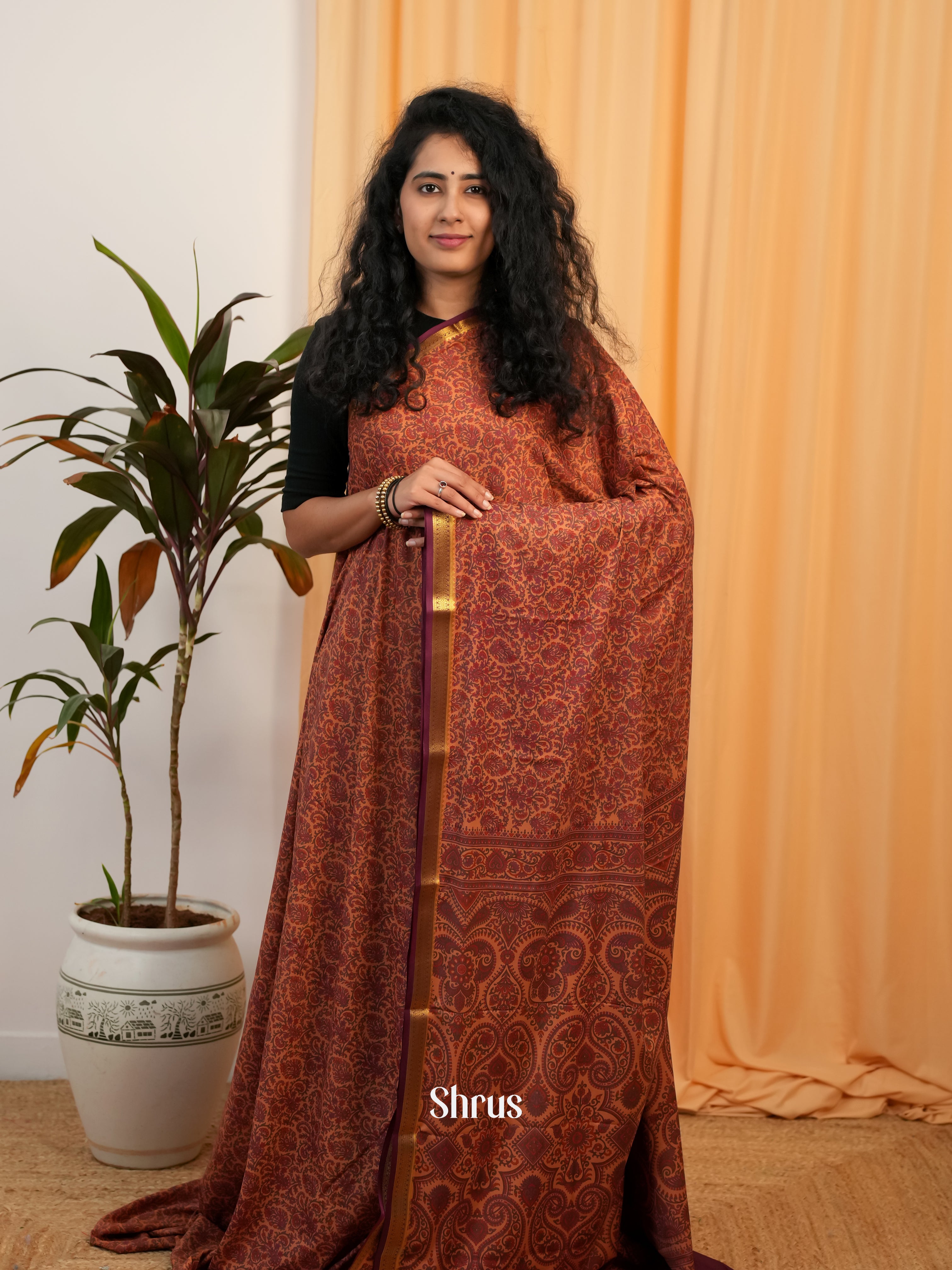 Brown - Semi Mysoresilk Saree - Shop on Shrus.com