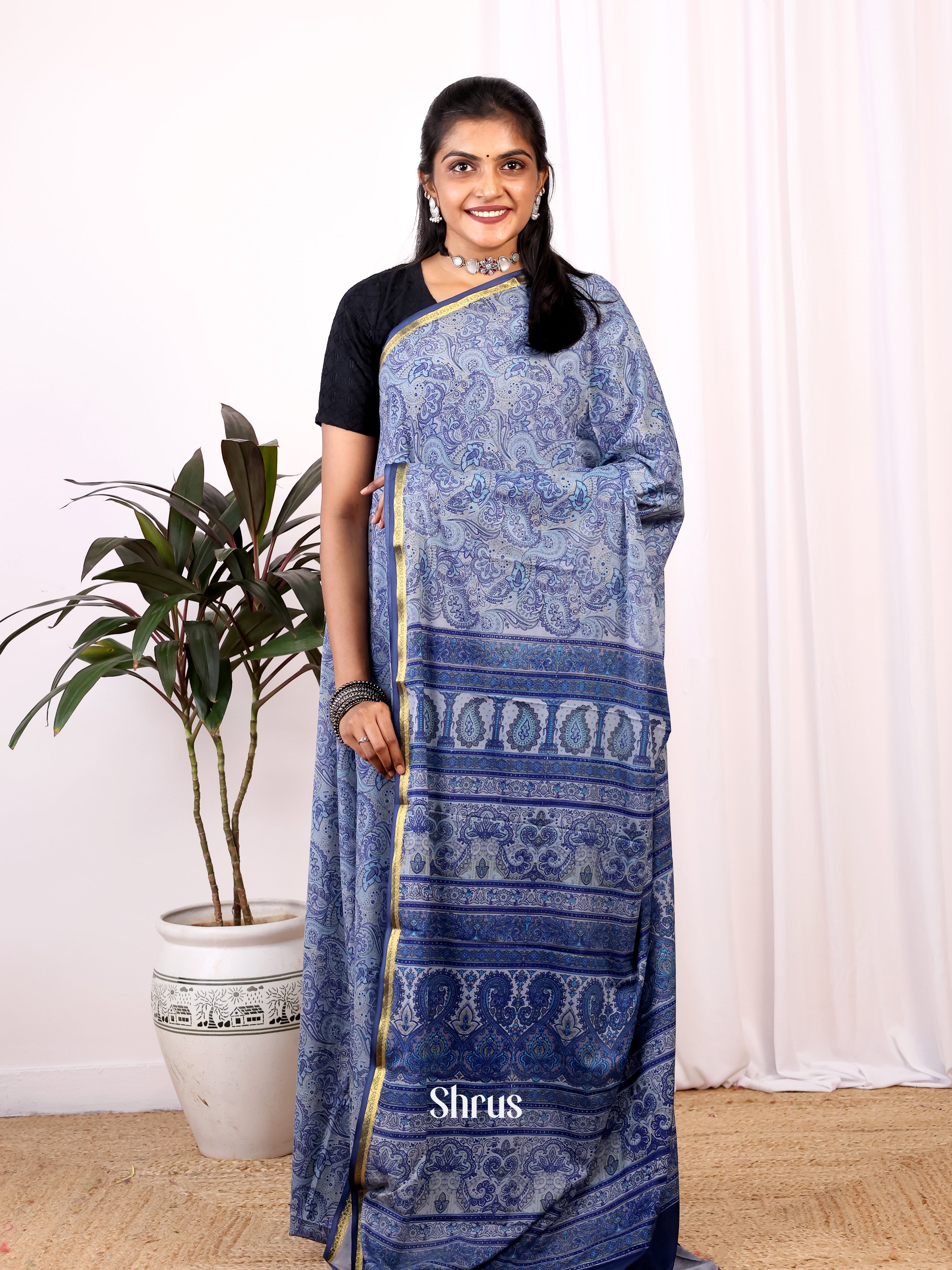 Grey & Blue - Semi Mysoresilk Saree - Shop on Shrus.com