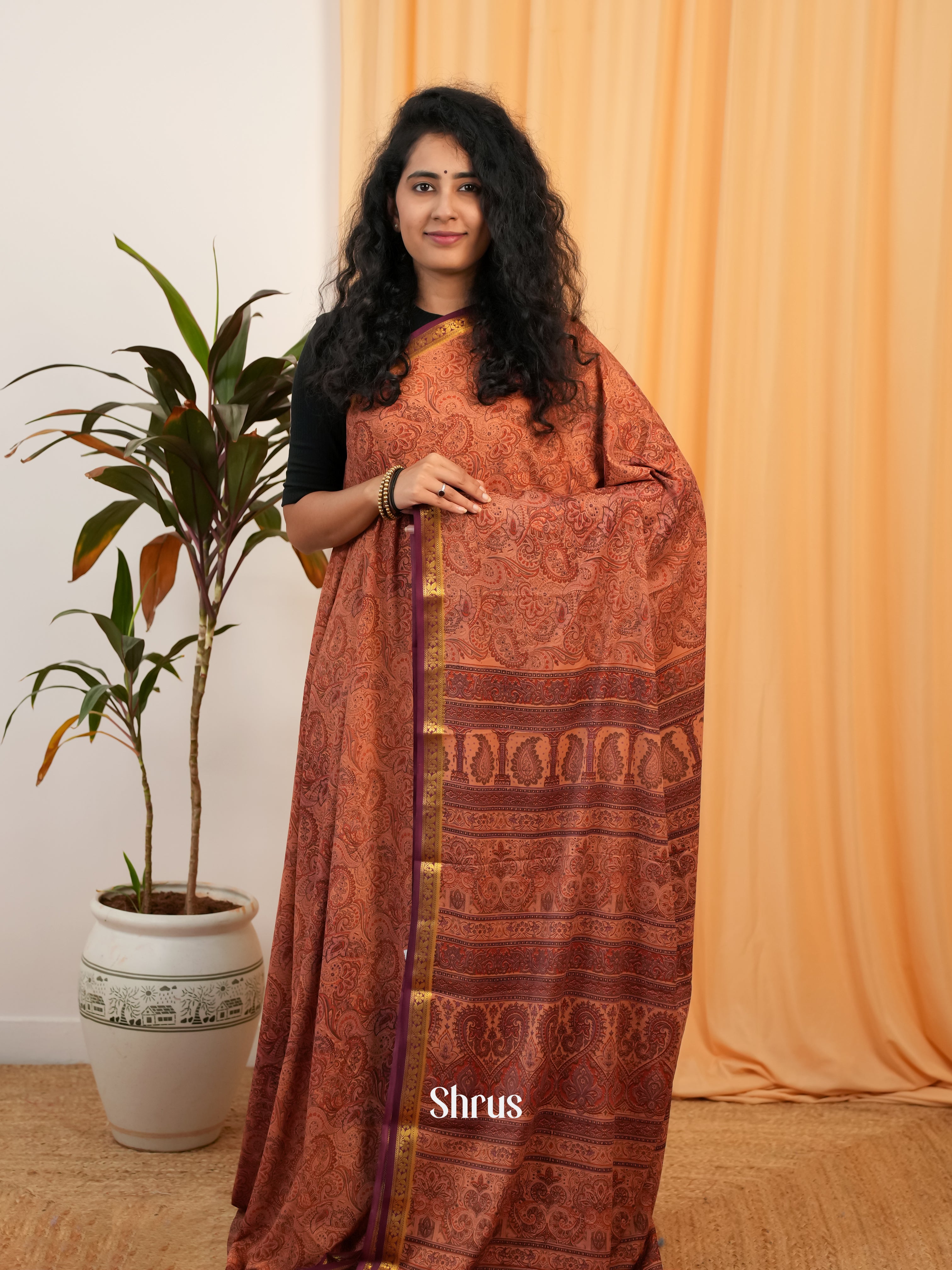 Brown - Semi Mysoresilk Saree - Shop on Shrus.com