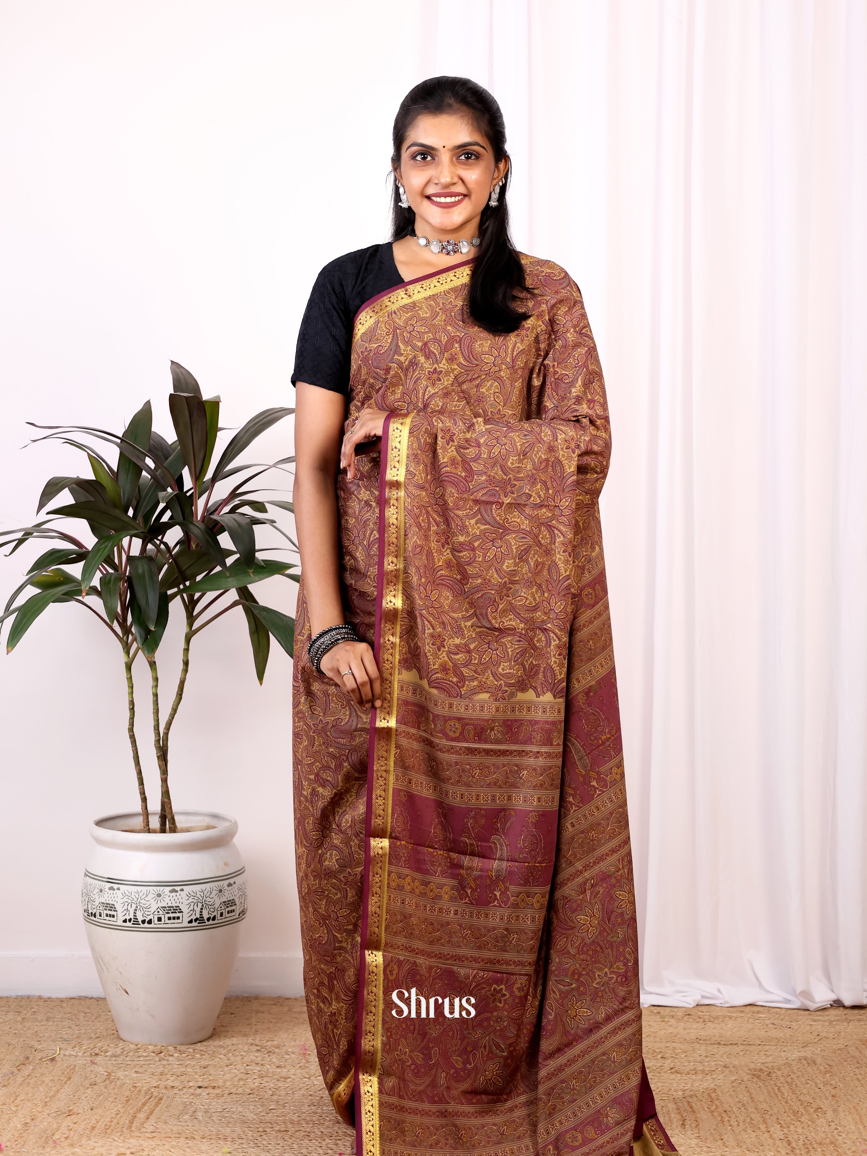 Brown - Semi Mysoresilk Saree - Shop on Shrus.com