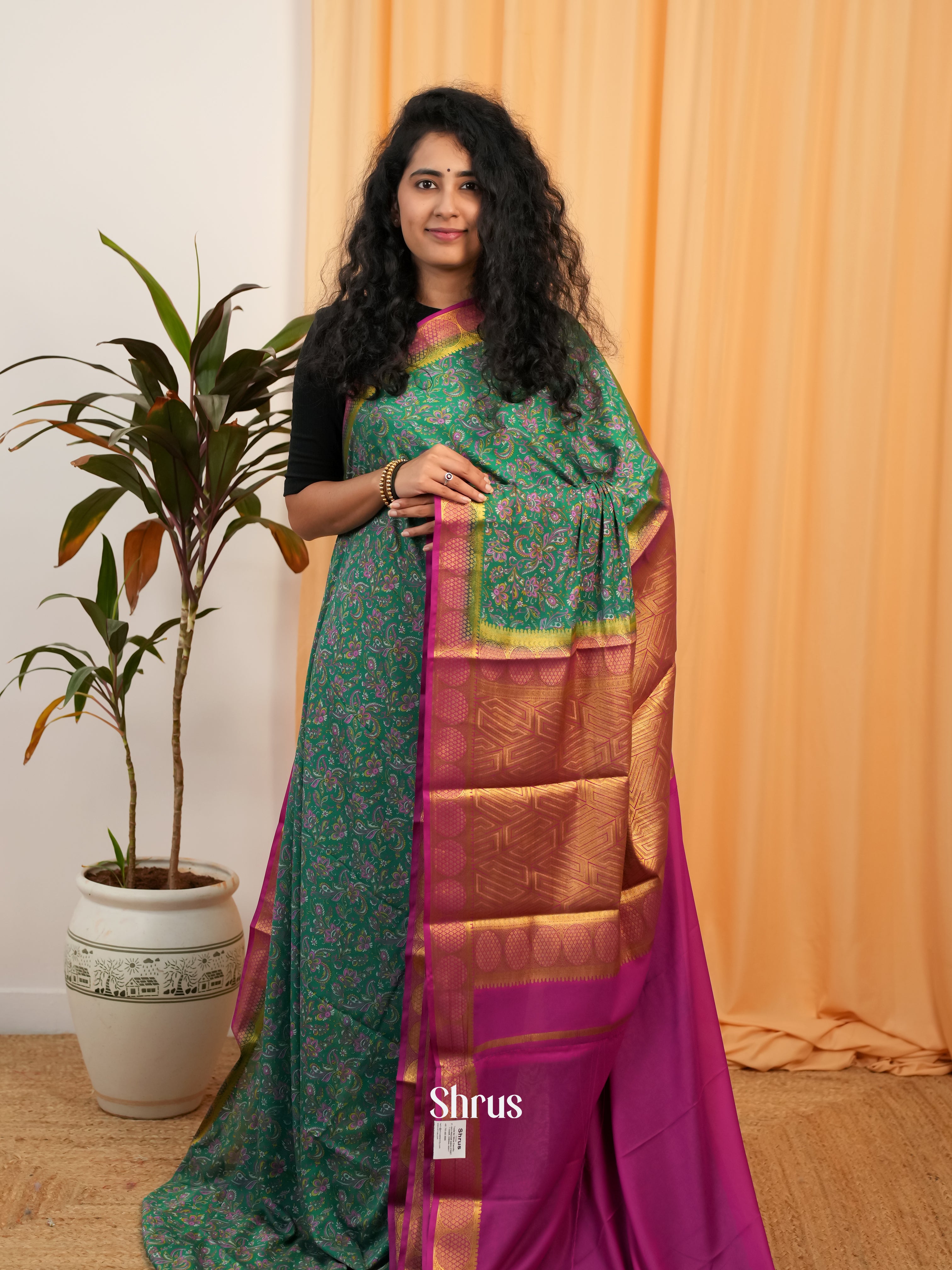 Green & Pink- Semi Mysoresilk Saree - Shop on Shrus.com