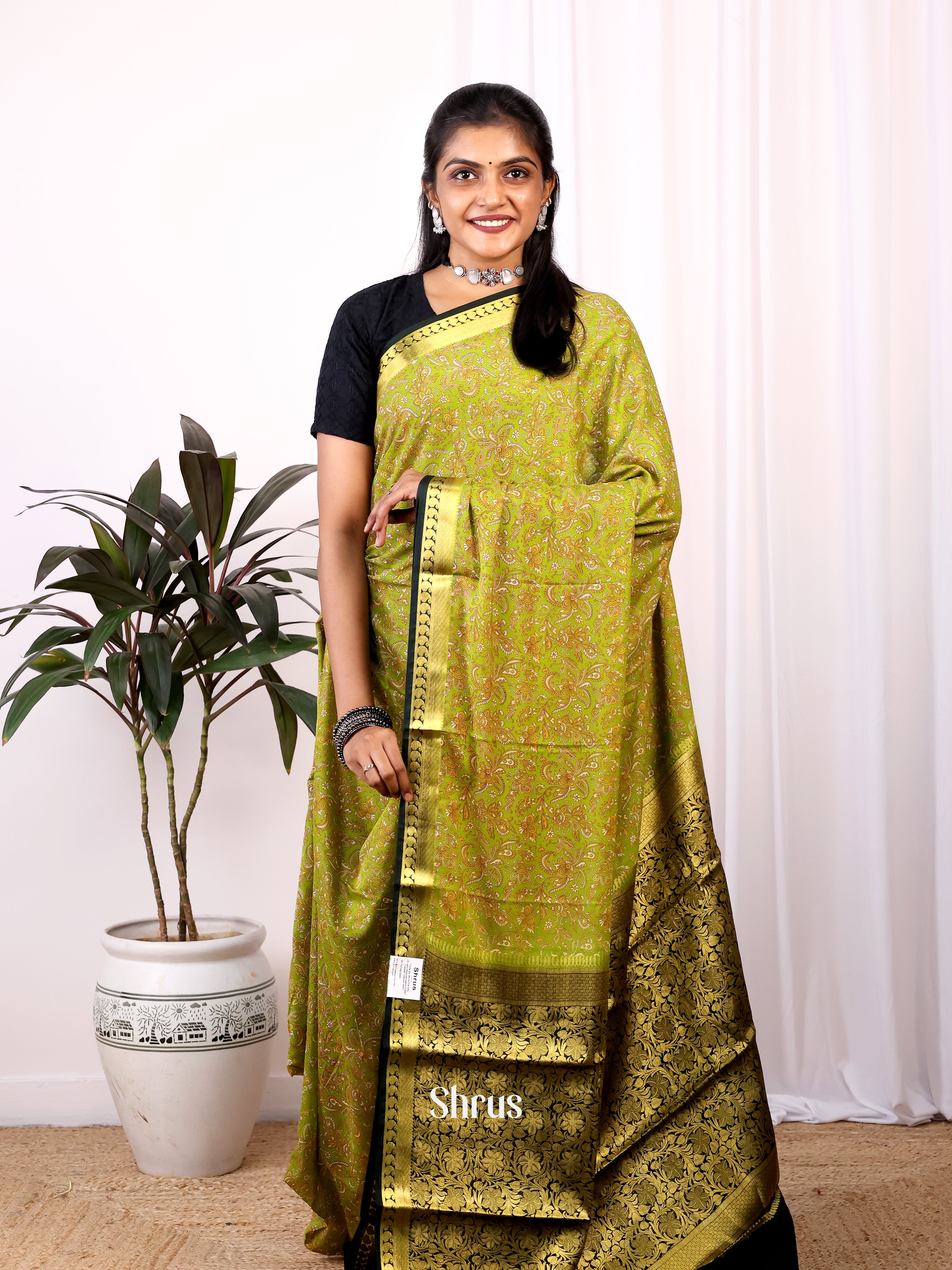 Lite Green & Green- Semi Mysoresilk Saree - Shop on Shrus.com