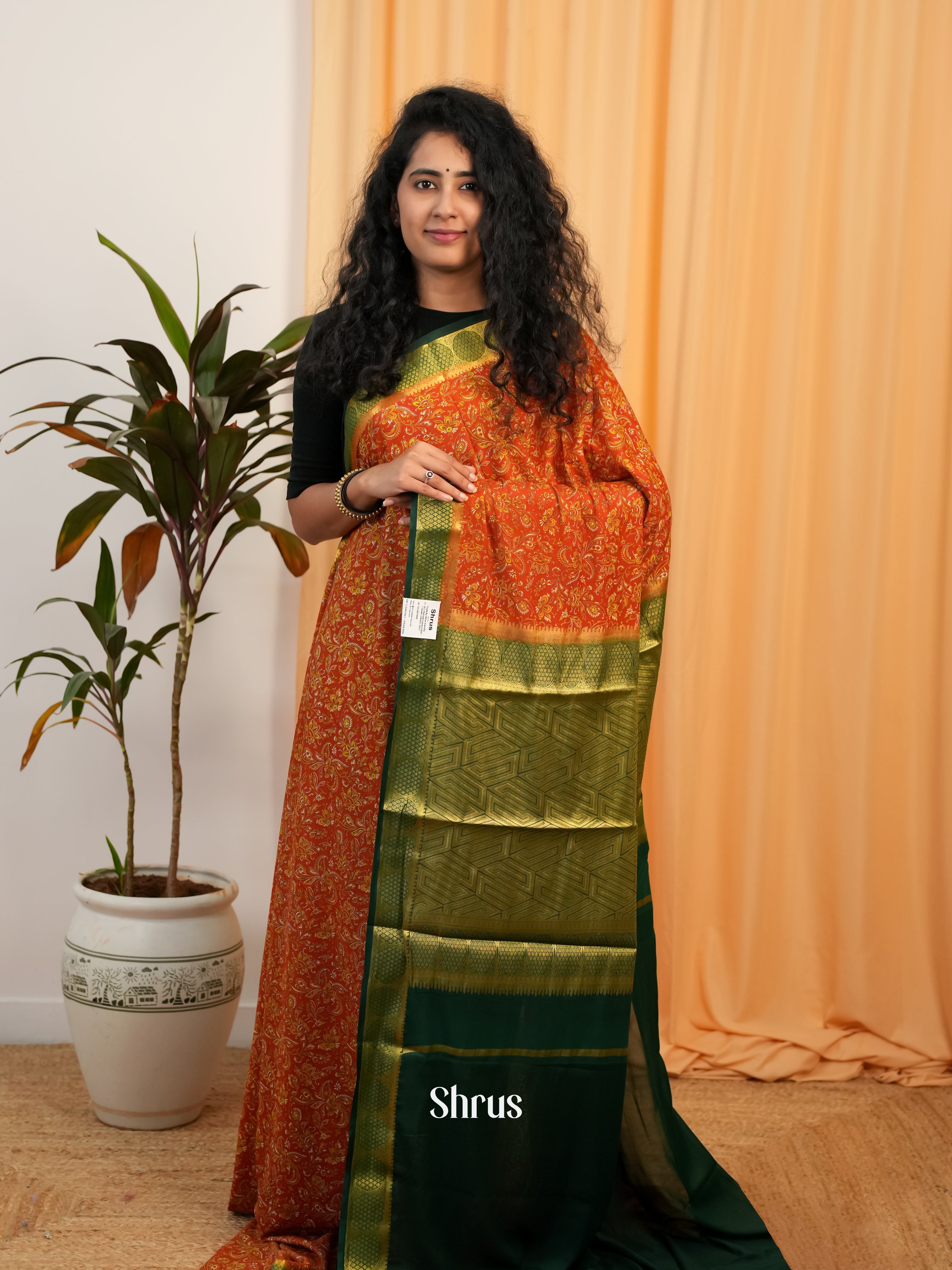 Orange & Green - Semi Mysoresilk Saree - Shop on Shrus.com
