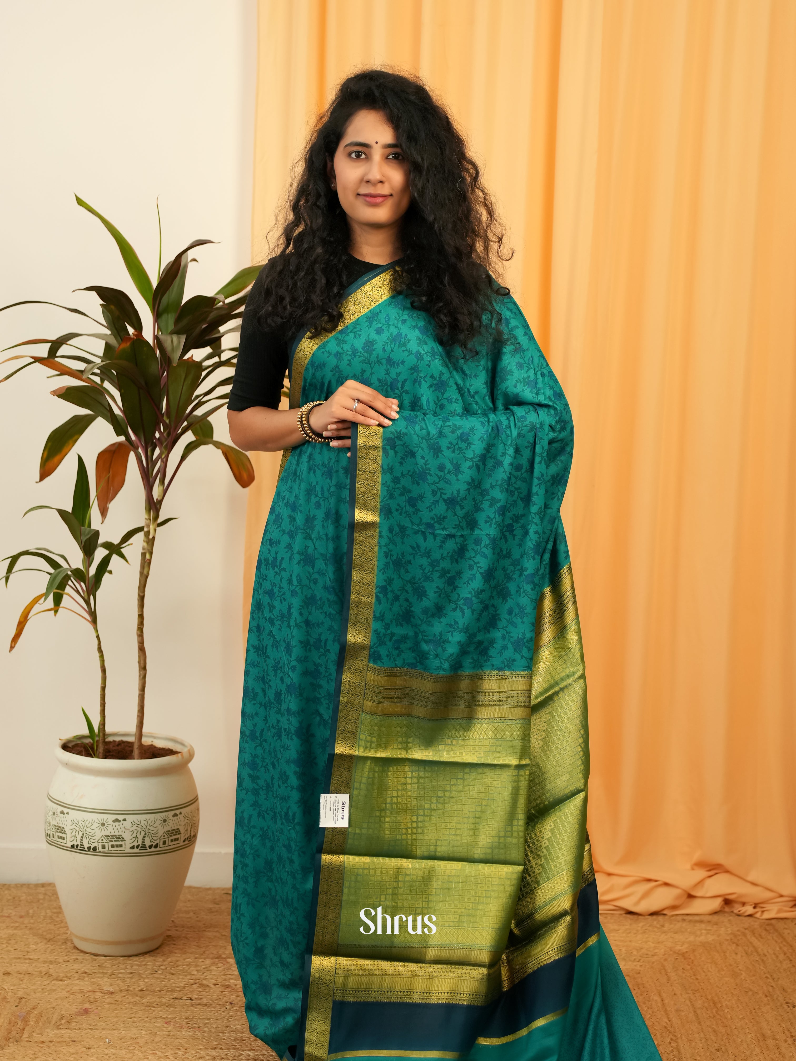 Teal - Semi Mysoresilk Saree - Shop on Shrus.com