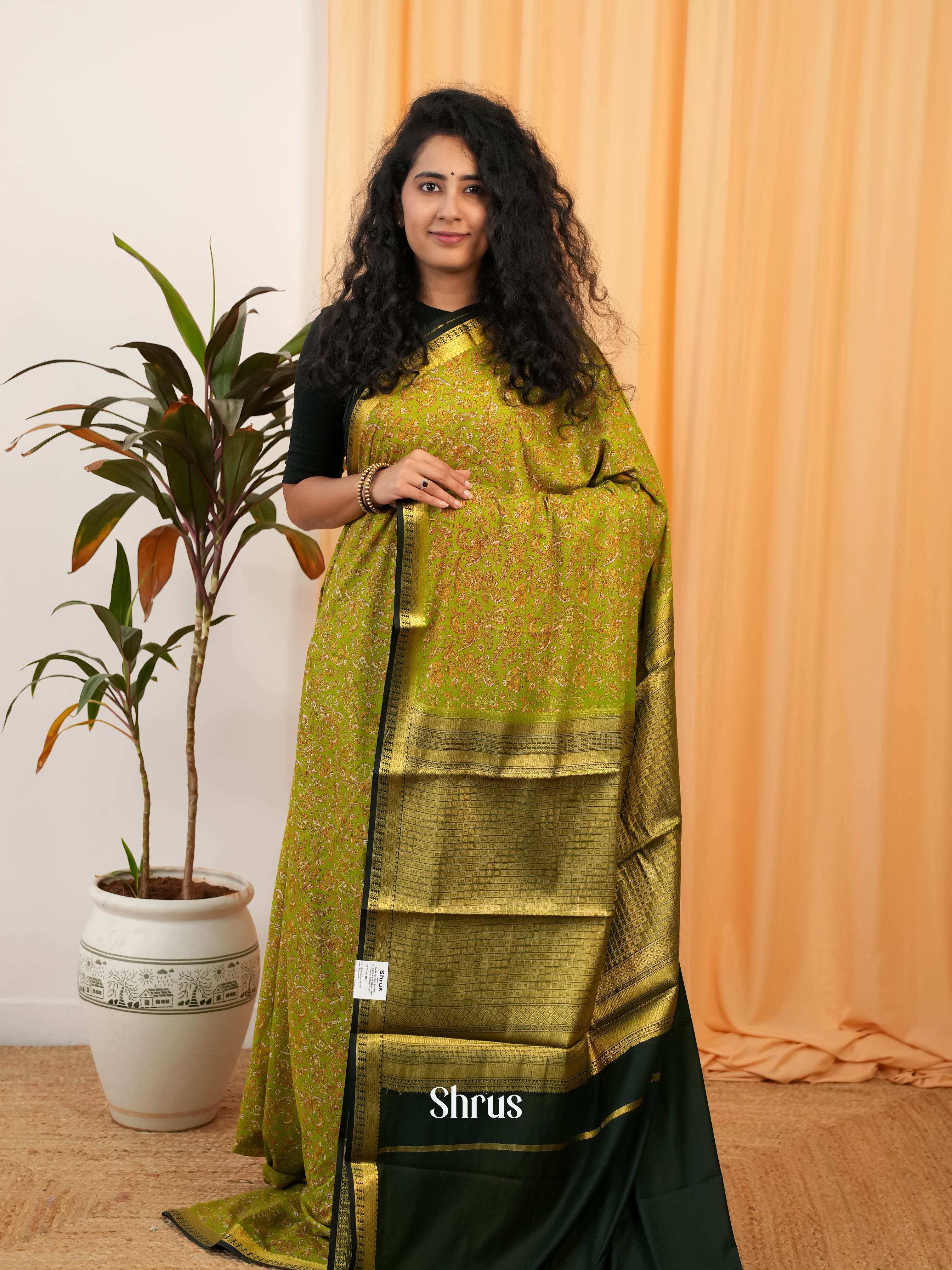 Lite Green & Green - Semi Mysoresilk Saree - Shop on Shrus.com
