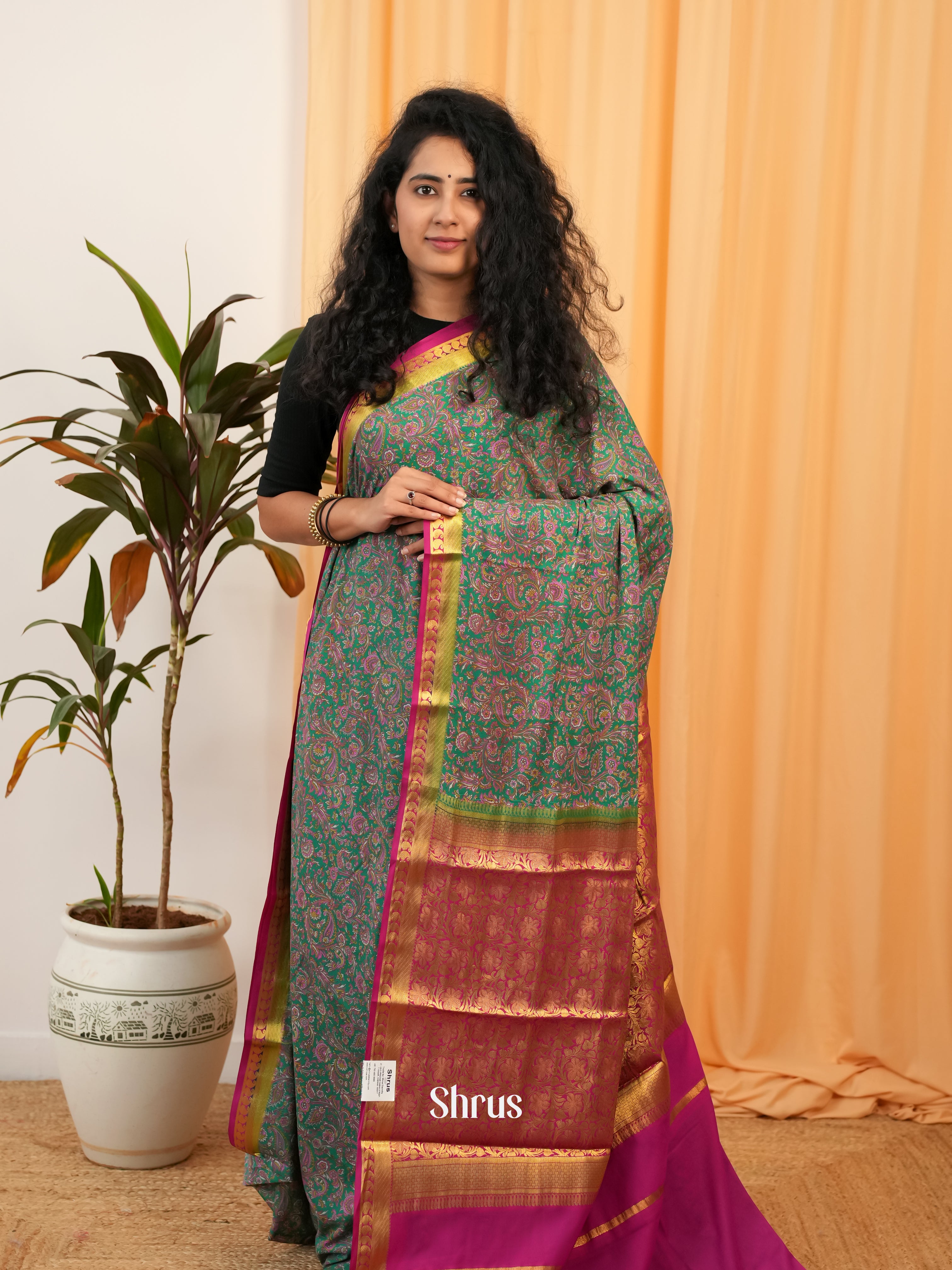 Green & Purple- Semi Mysoresilk Saree - Shop on Shrus.com