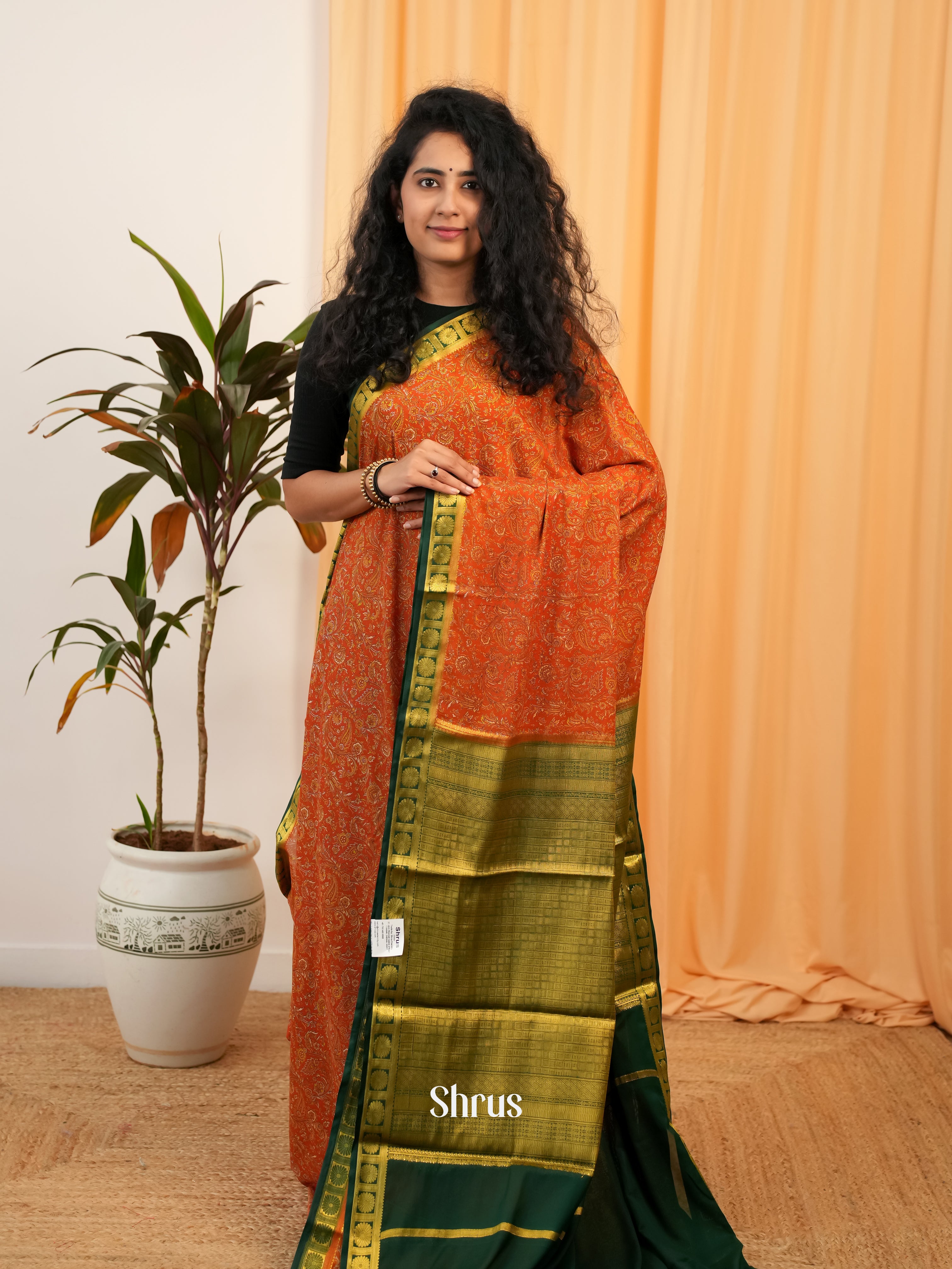 Orange & Green - Semi Mysoresilk Saree - Shop on Shrus.com