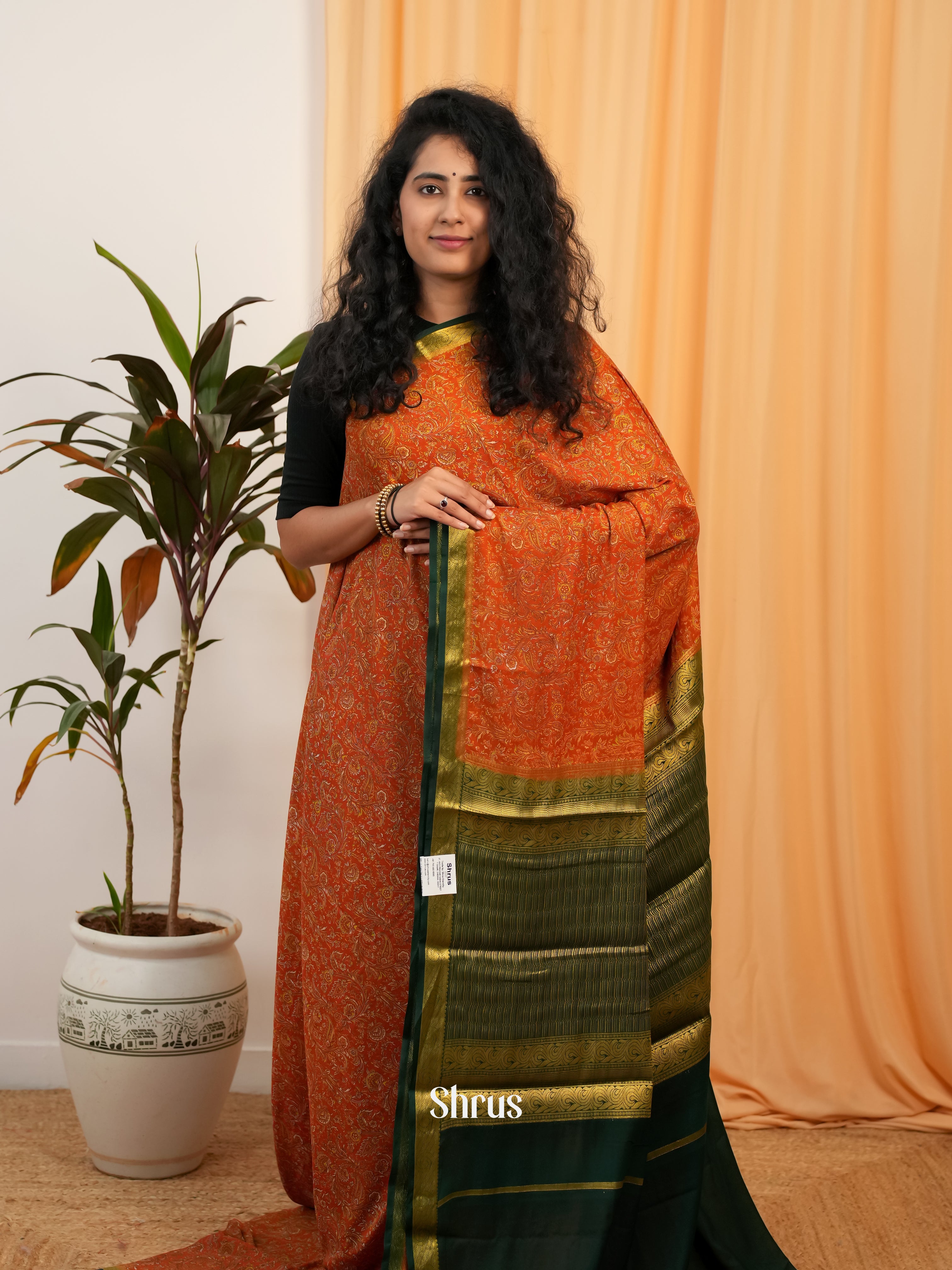 Orange & Green - Semi Mysoresilk Saree - Shop on Shrus.com