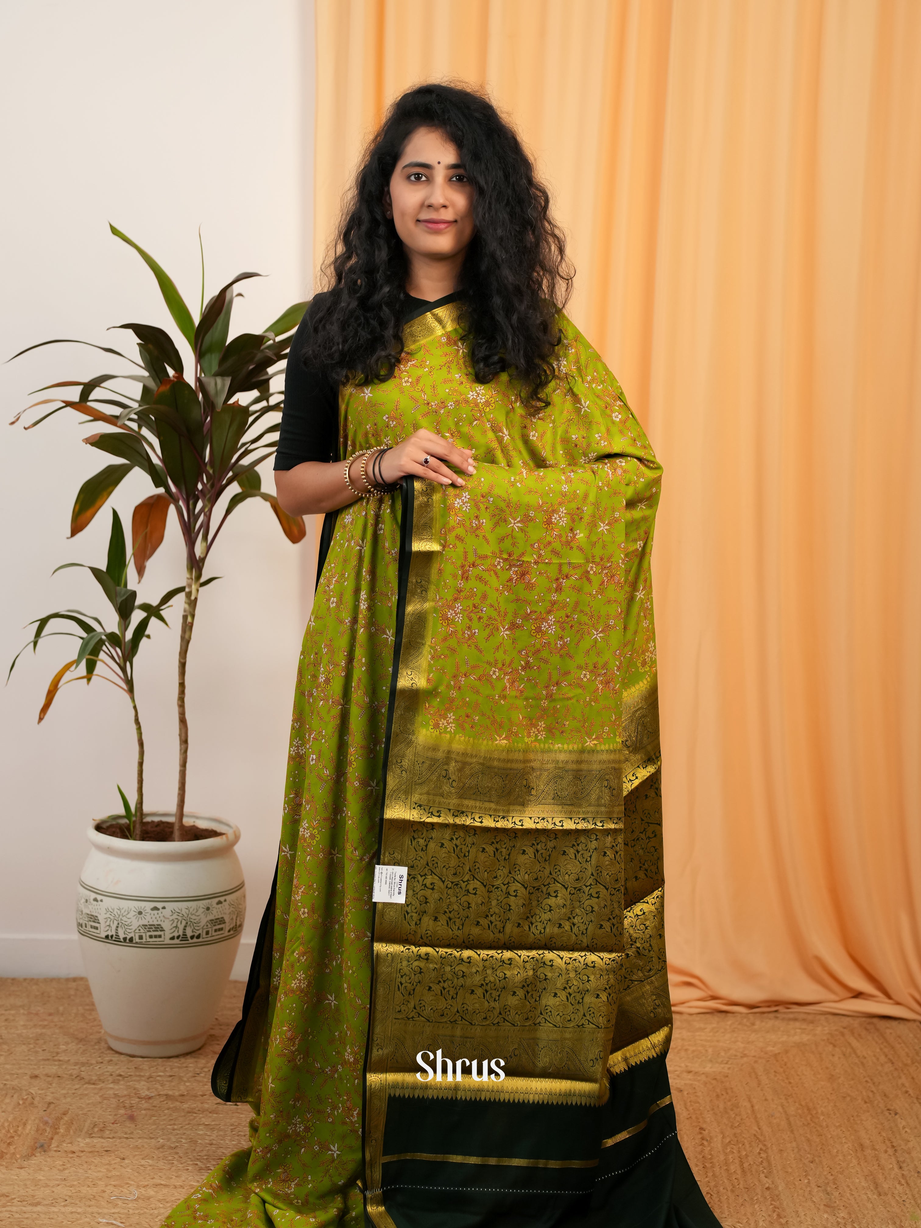 Lite Green & Green- Semi Mysoresilk Saree - Shop on Shrus.com