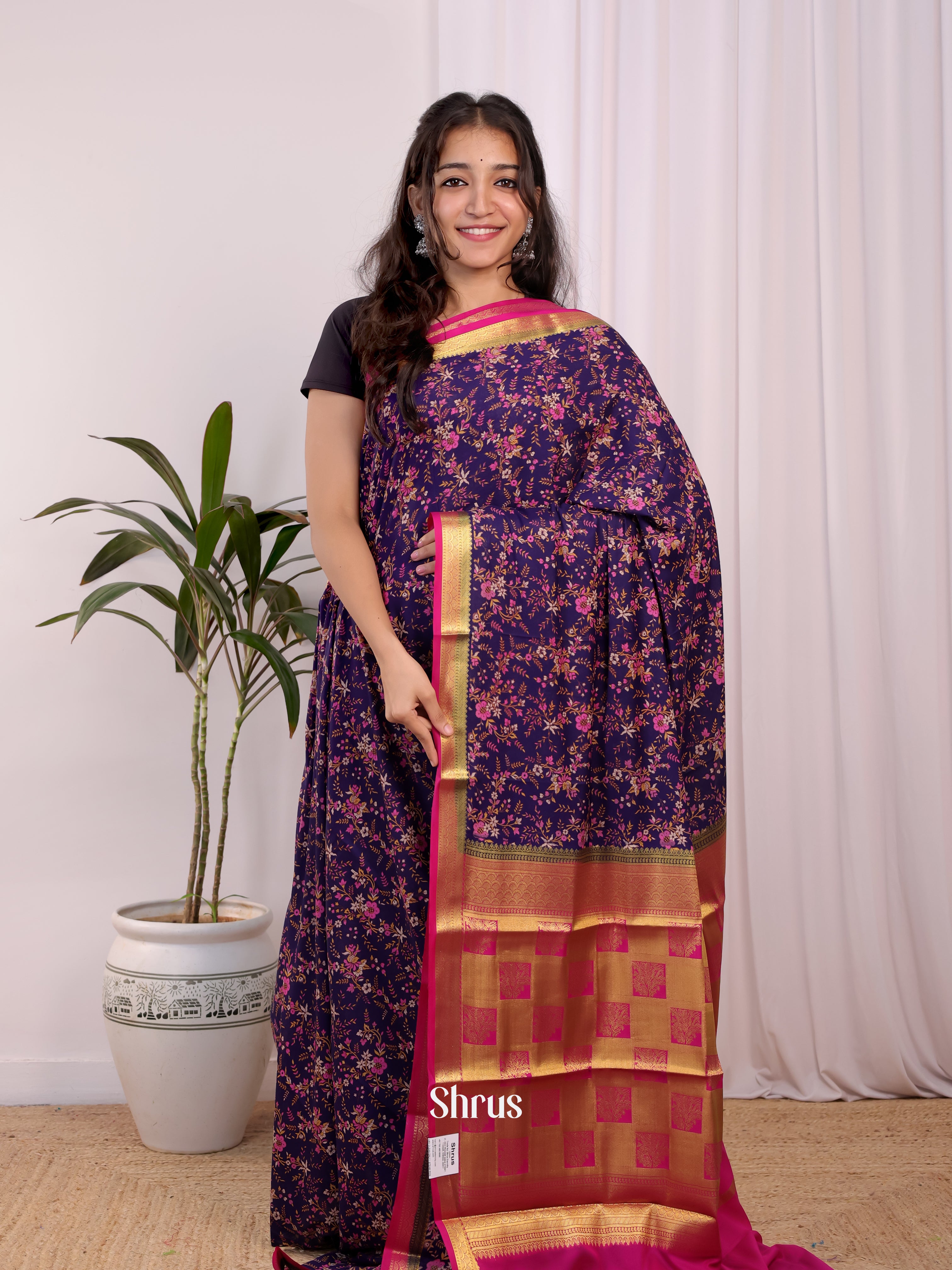 Violet & Pink- Semi Mysoresilk Saree - Shop on Shrus.com