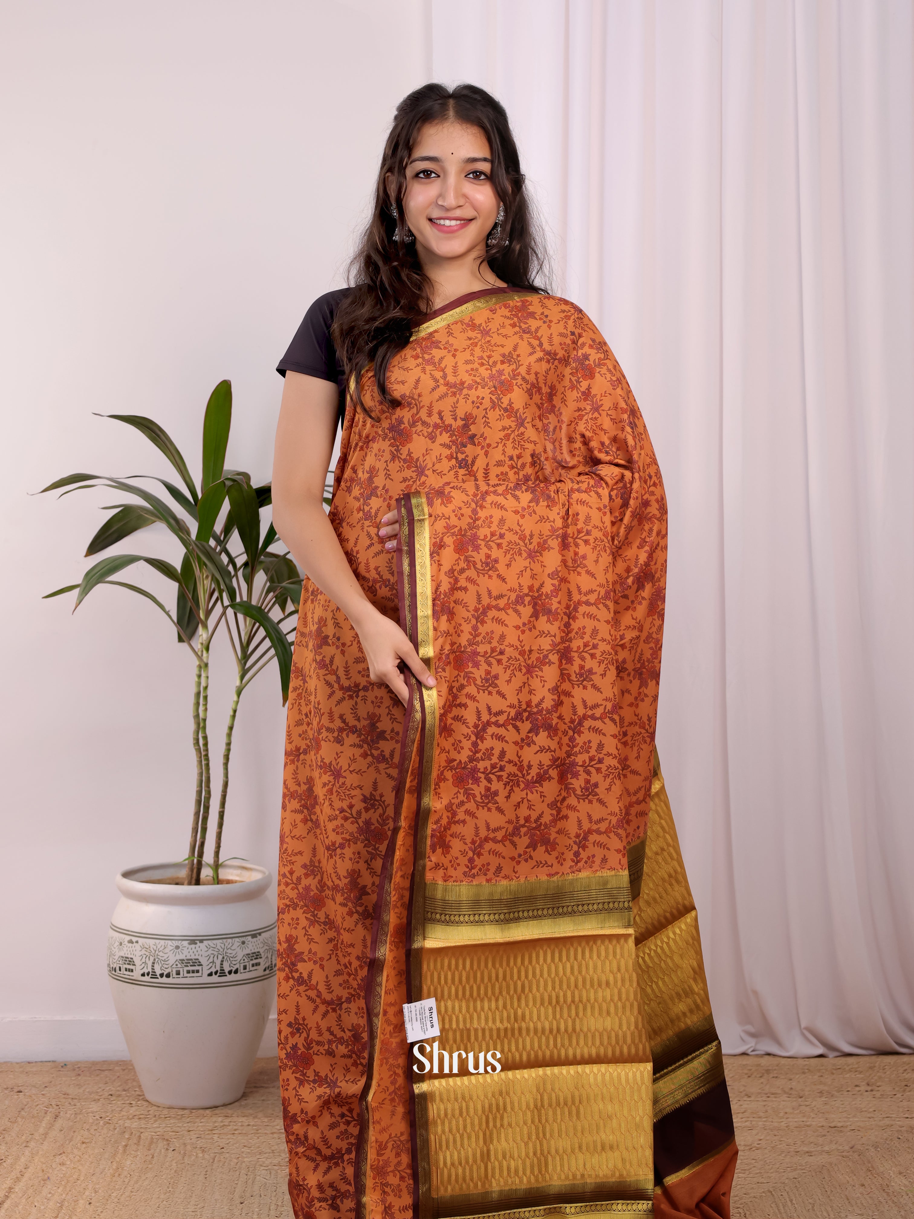 Orange & Brown - Semi Mysoresilk Saree - Shop on Shrus.com