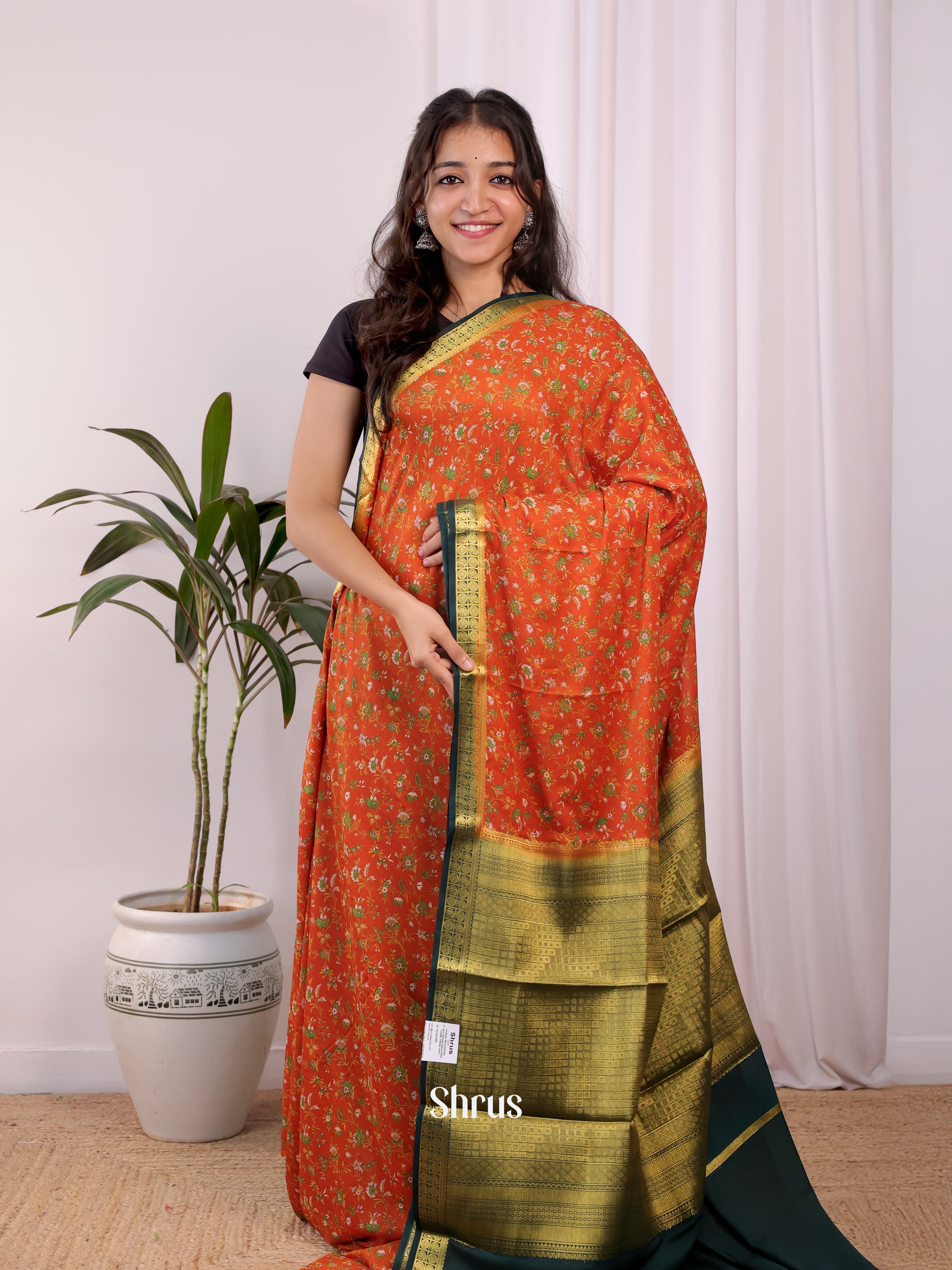Orange & Green - Semi Mysoresilk Saree - Shop on Shrus.com