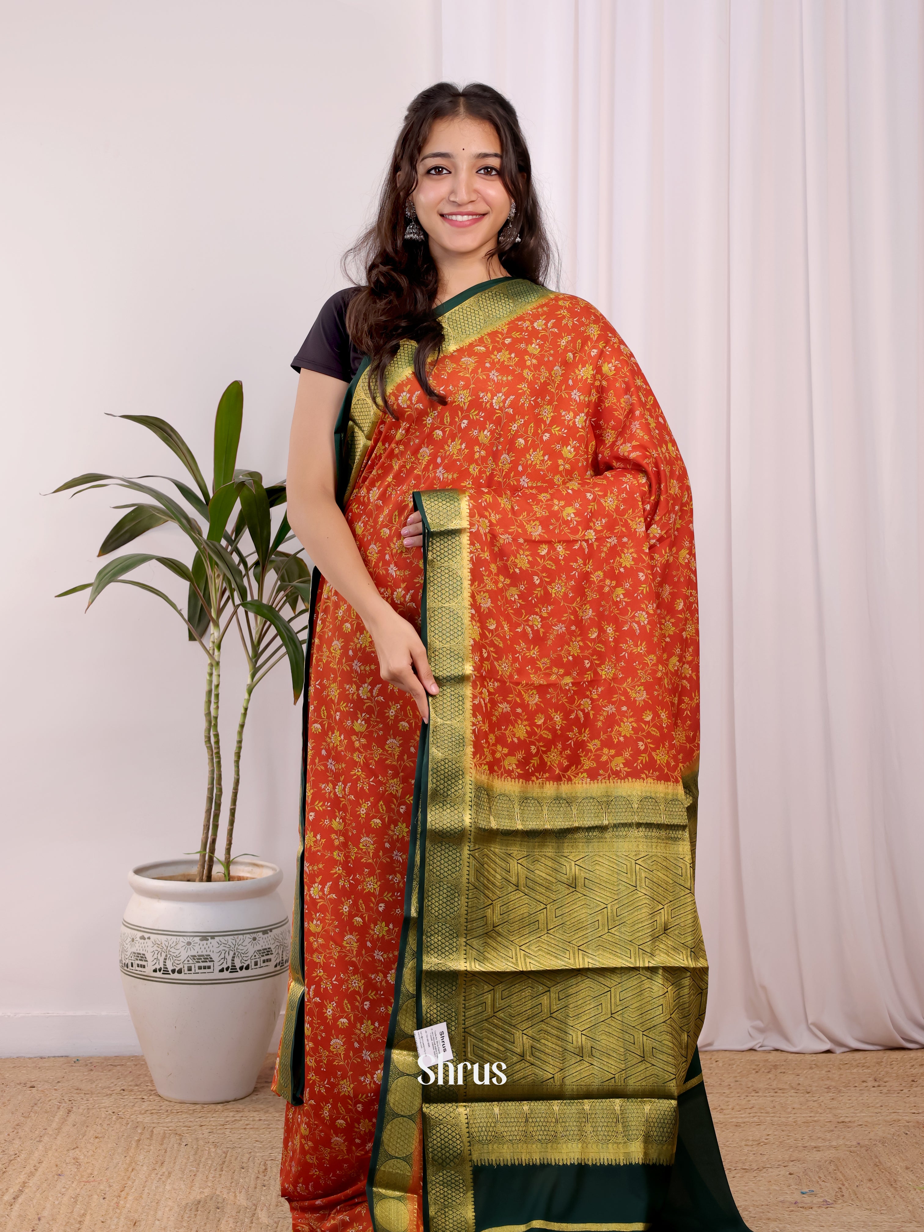 Orange & Green- Semi Mysoresilk Saree - Shop on Shrus.com
