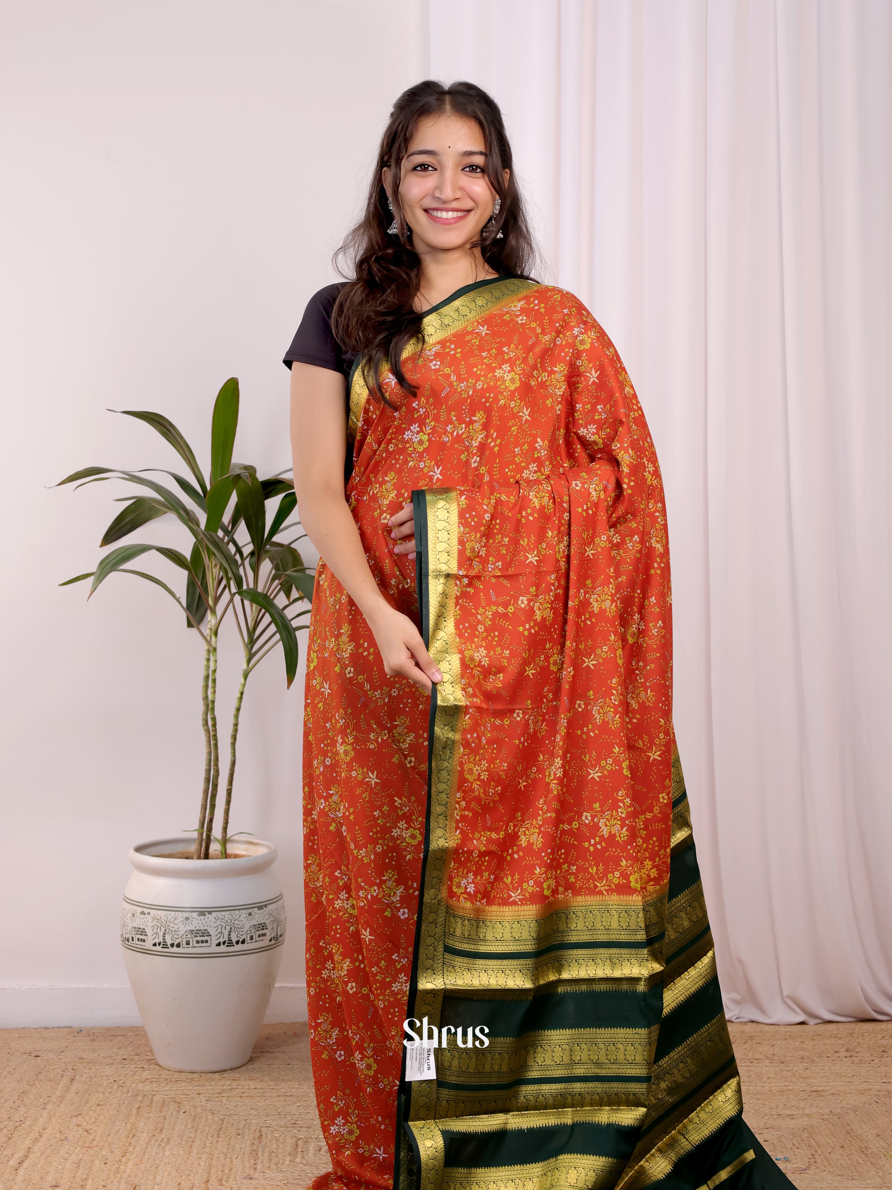 Orange & Green - Semi Mysoresilk Saree - Shop on Shrus.com