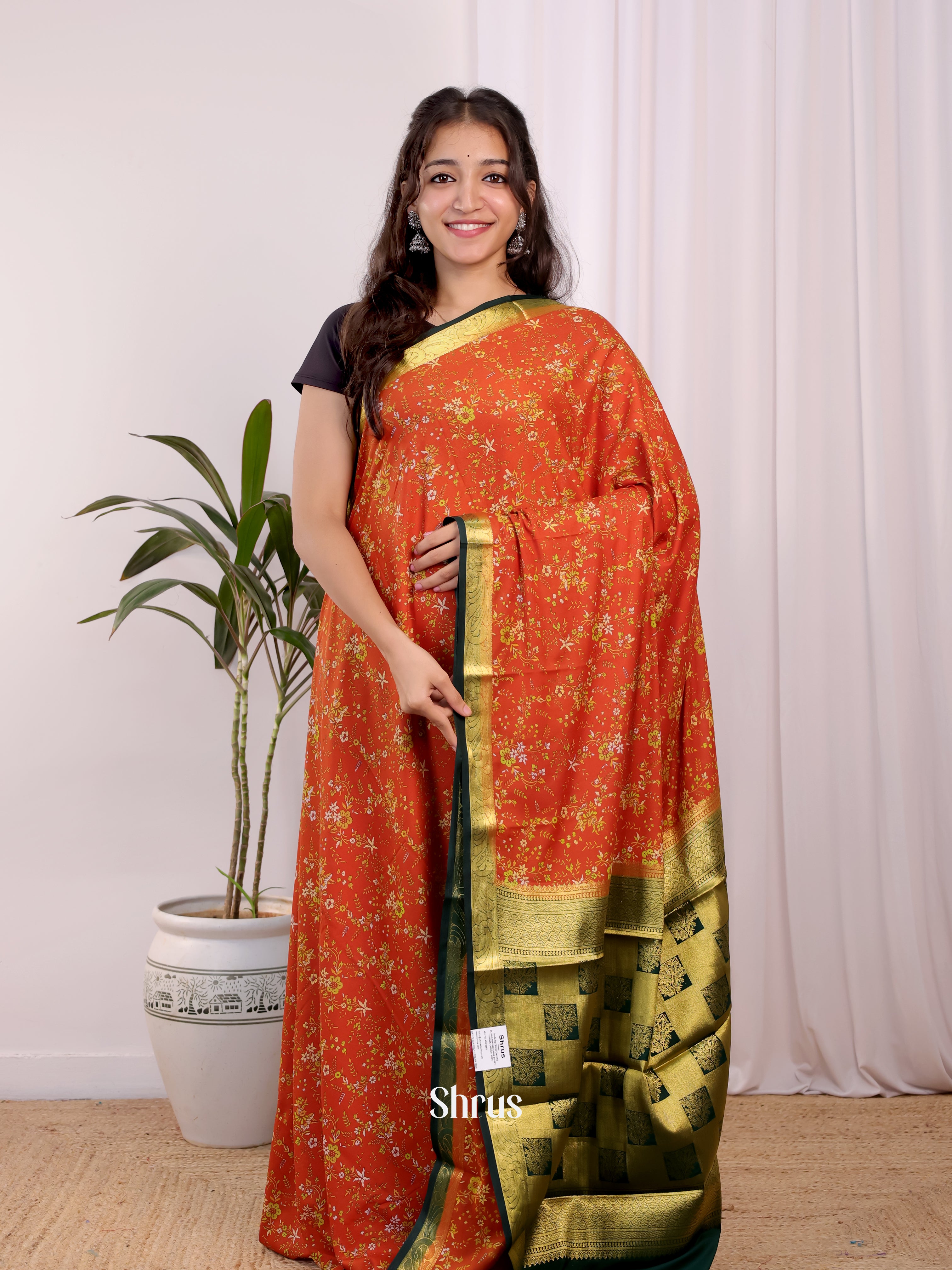 Orange & Green- Semi Mysoresilk Saree - Shop on Shrus.com
