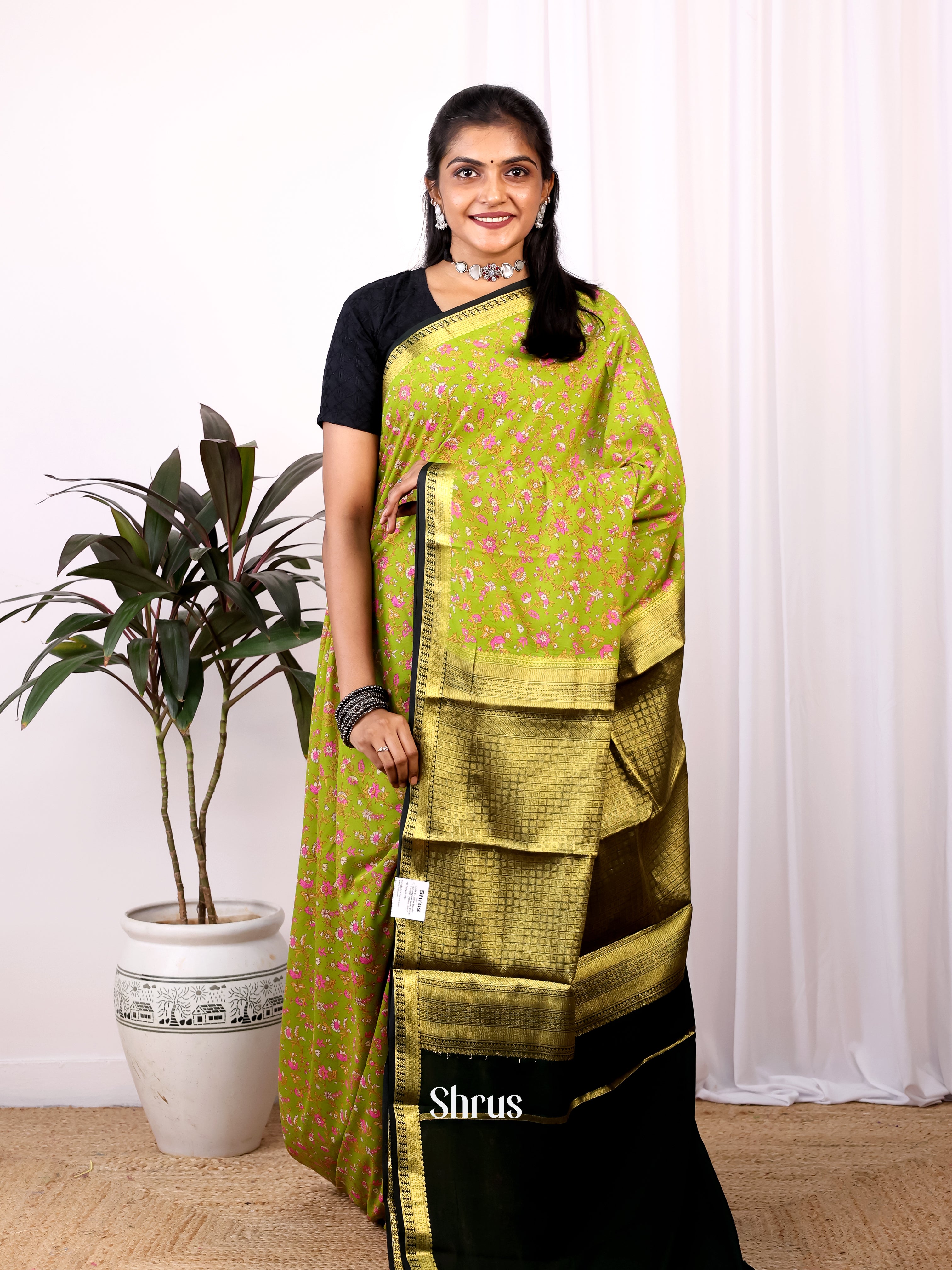 Lite Green - Semi Mysoresilk Saree - Shop on Shrus.com