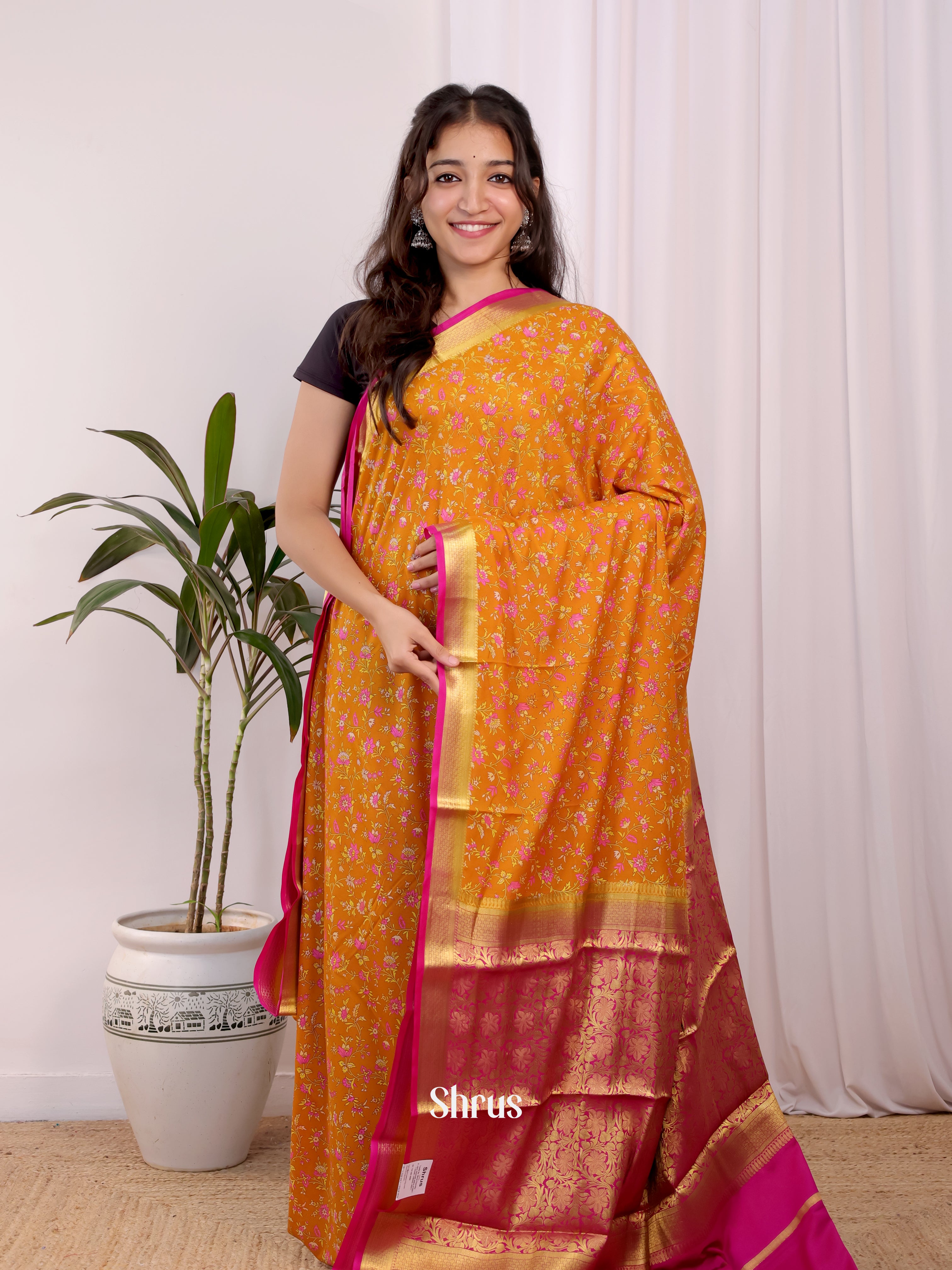 Orange & Pink - Semi Mysoresilk Saree - Shop on Shrus.com