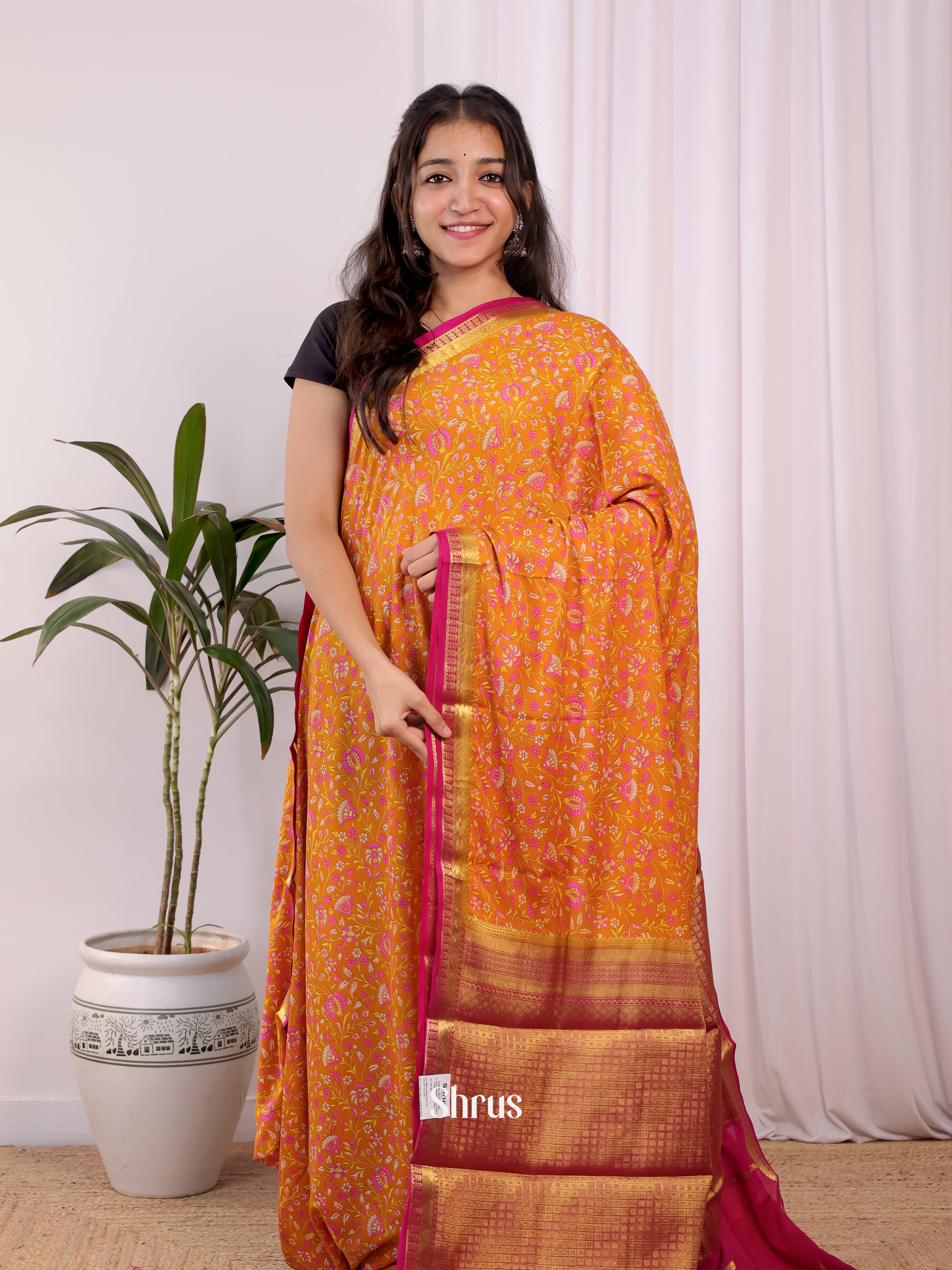 Orange & Pink - Semi Mysoresilk Saree - Shop on Shrus.com