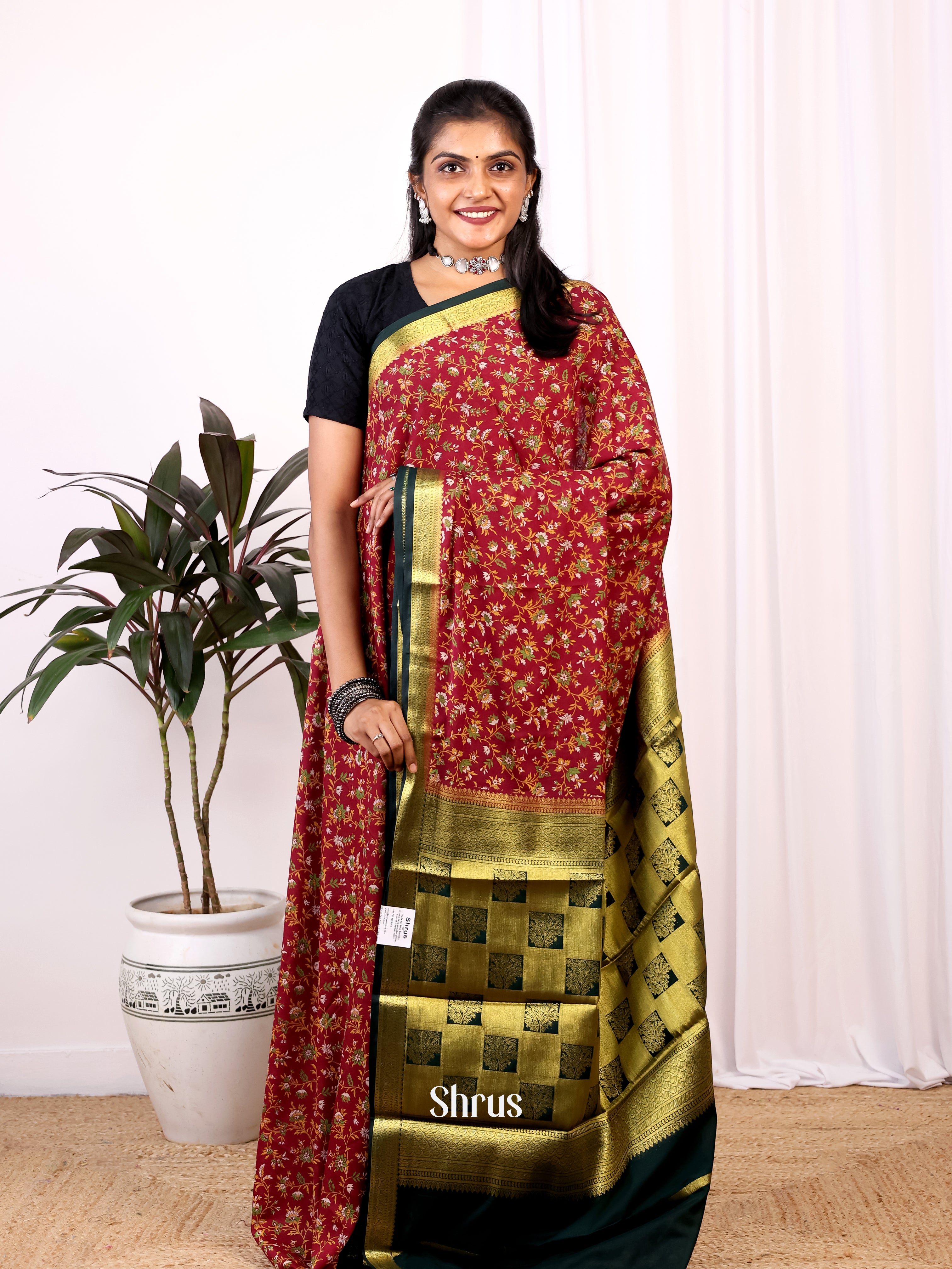 Maroon & Green - Semi Mysoresilk Saree - Shop on Shrus.com