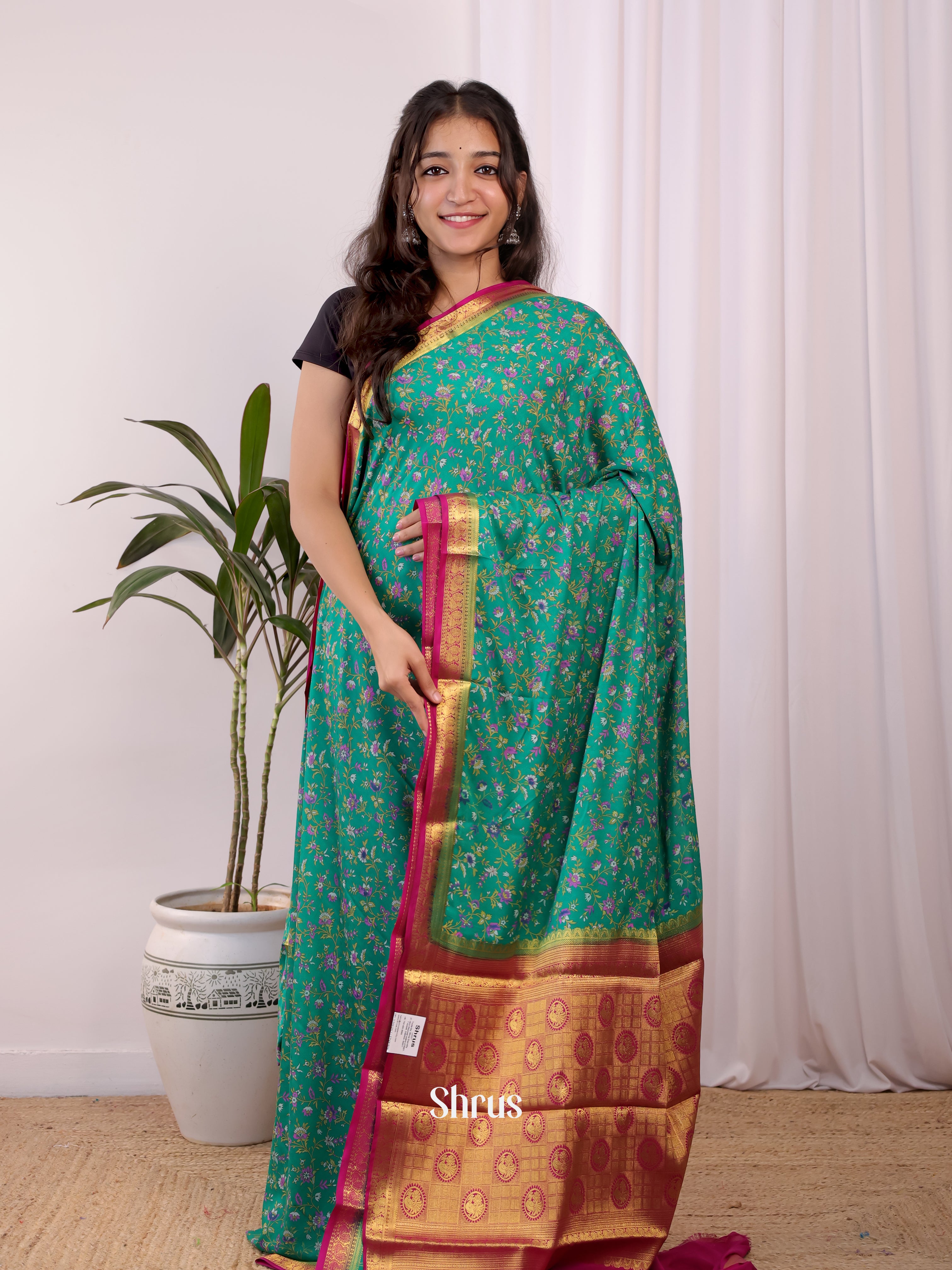Green & Pink - Semi Mysoresilk Saree - Shop on Shrus.com
