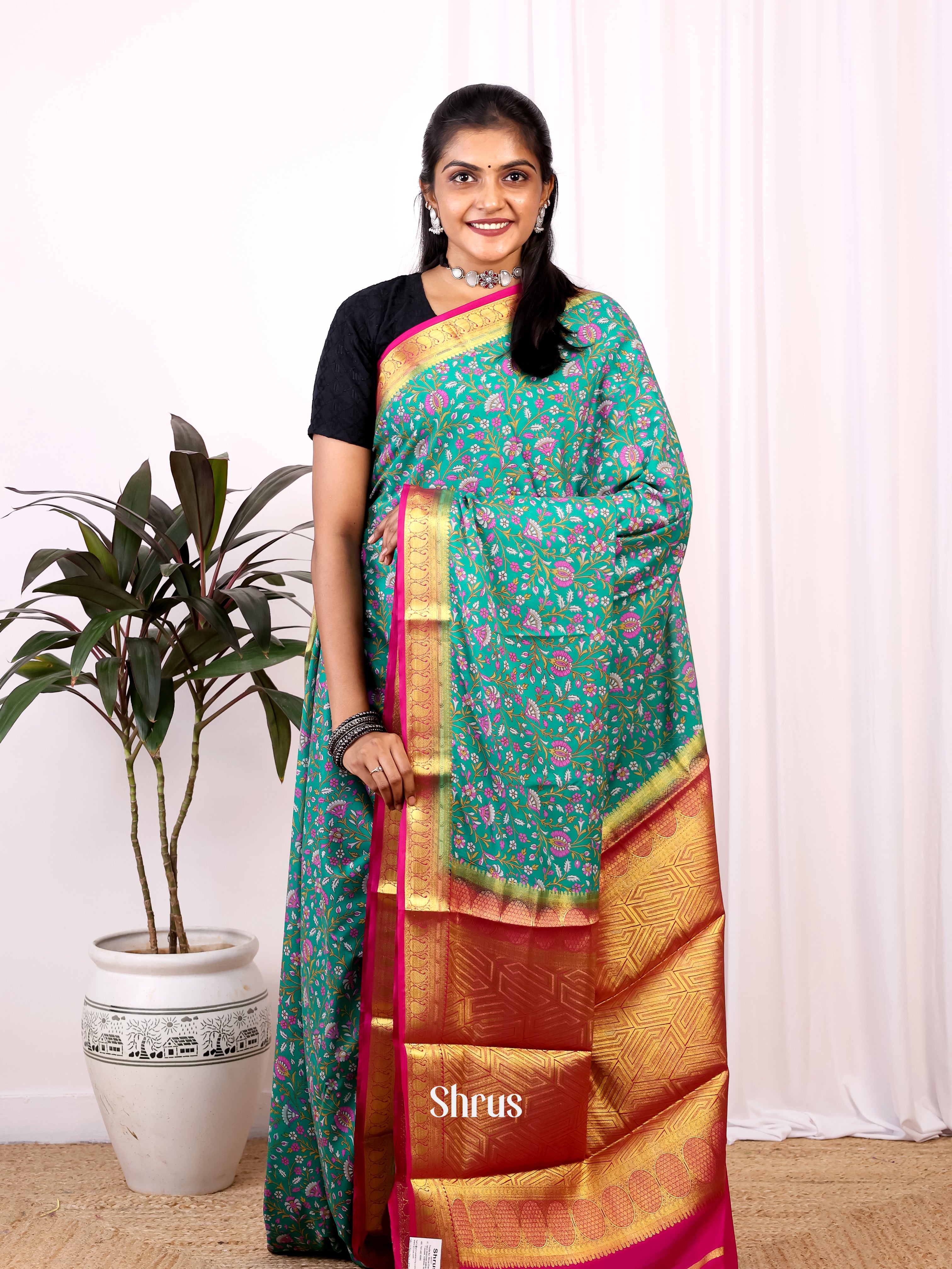 Green & Pink - Semi Mysoresilk Saree - Shop on Shrus.com