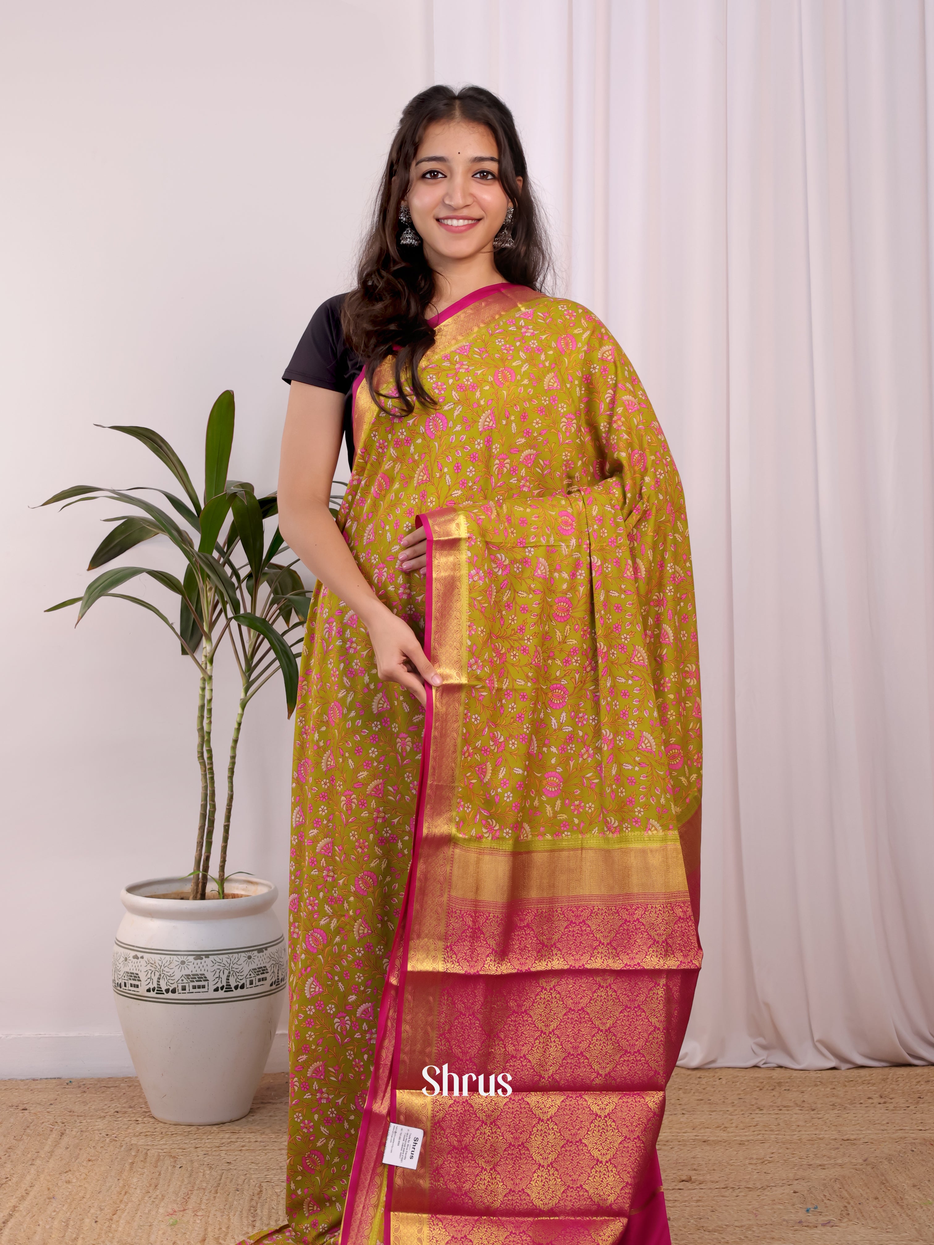 Green & Pink - Semi Mysoresilk Saree - Shop on Shrus.com