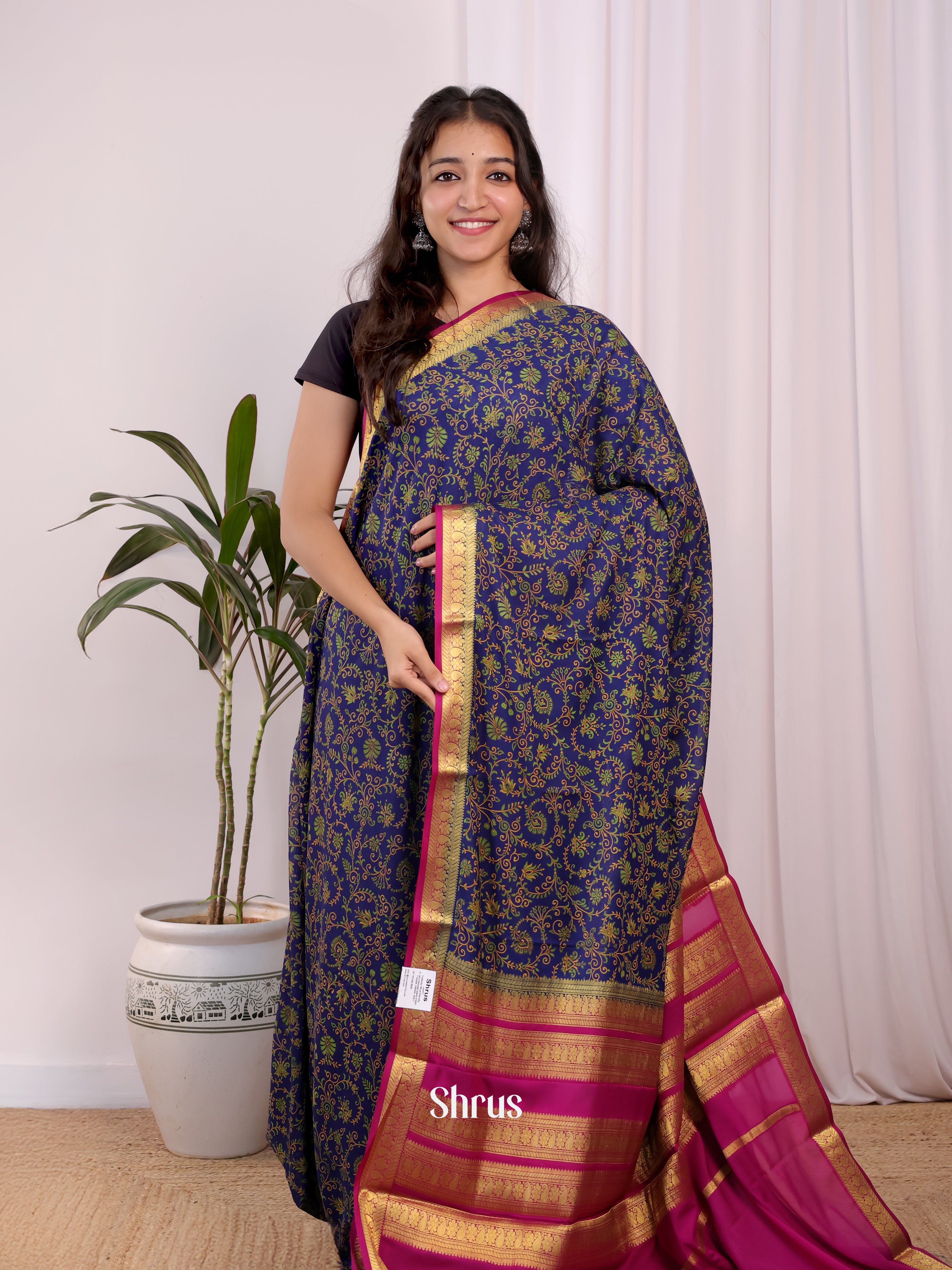 Blue & Pink - Semi Mysoresilk Saree - Shop on Shrus.com