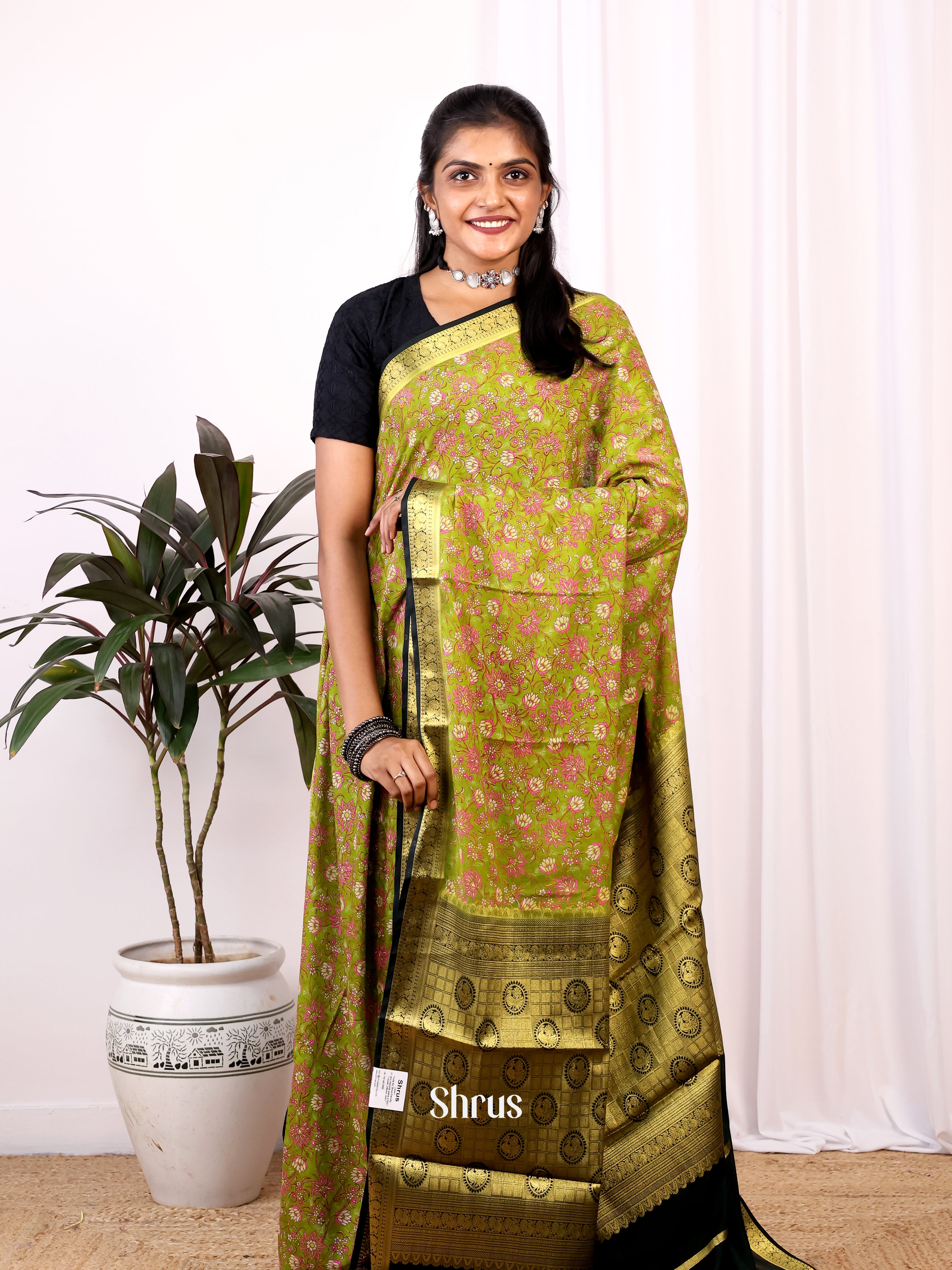 Lite Green & Green - Semi Mysoresilk Saree - Shop on Shrus.com