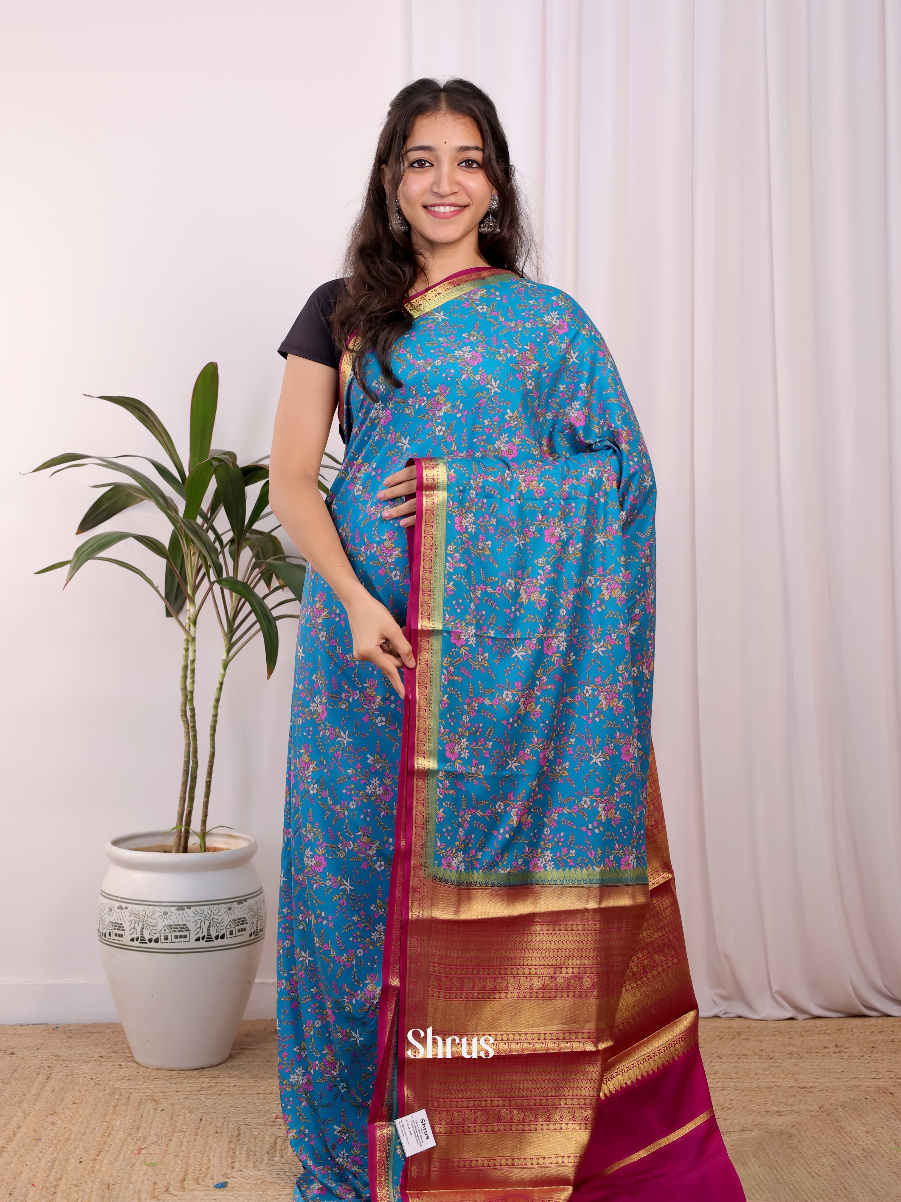 Blue & Pink - Semi Mysoresilk Saree - Shop on Shrus.com