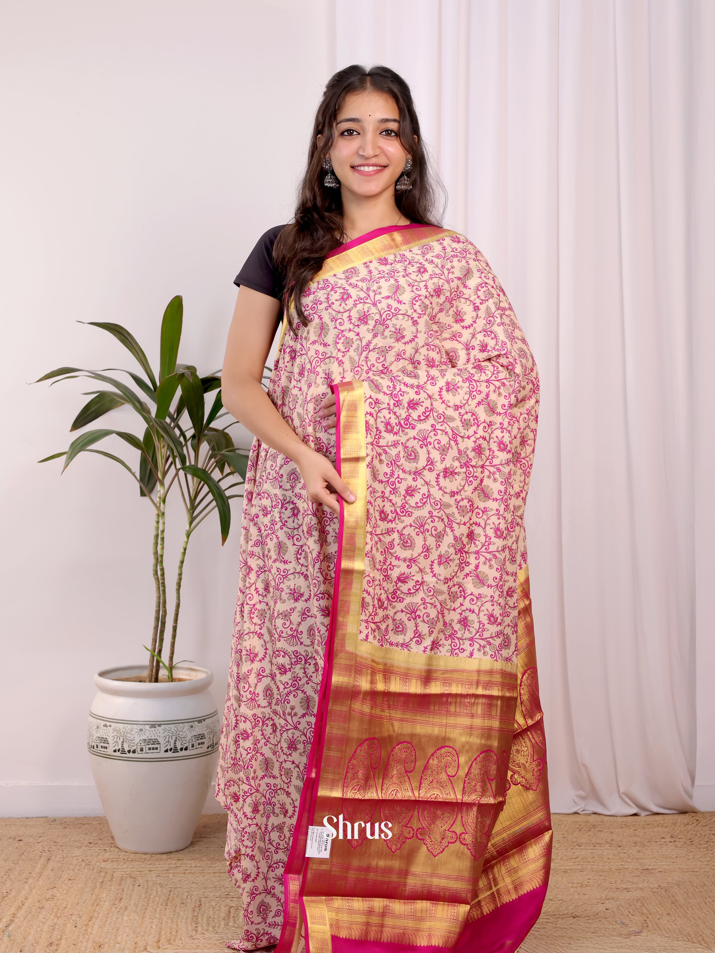 Baby Pink & Pink - Semi Mysoresilk Saree - Shop on Shrus.com