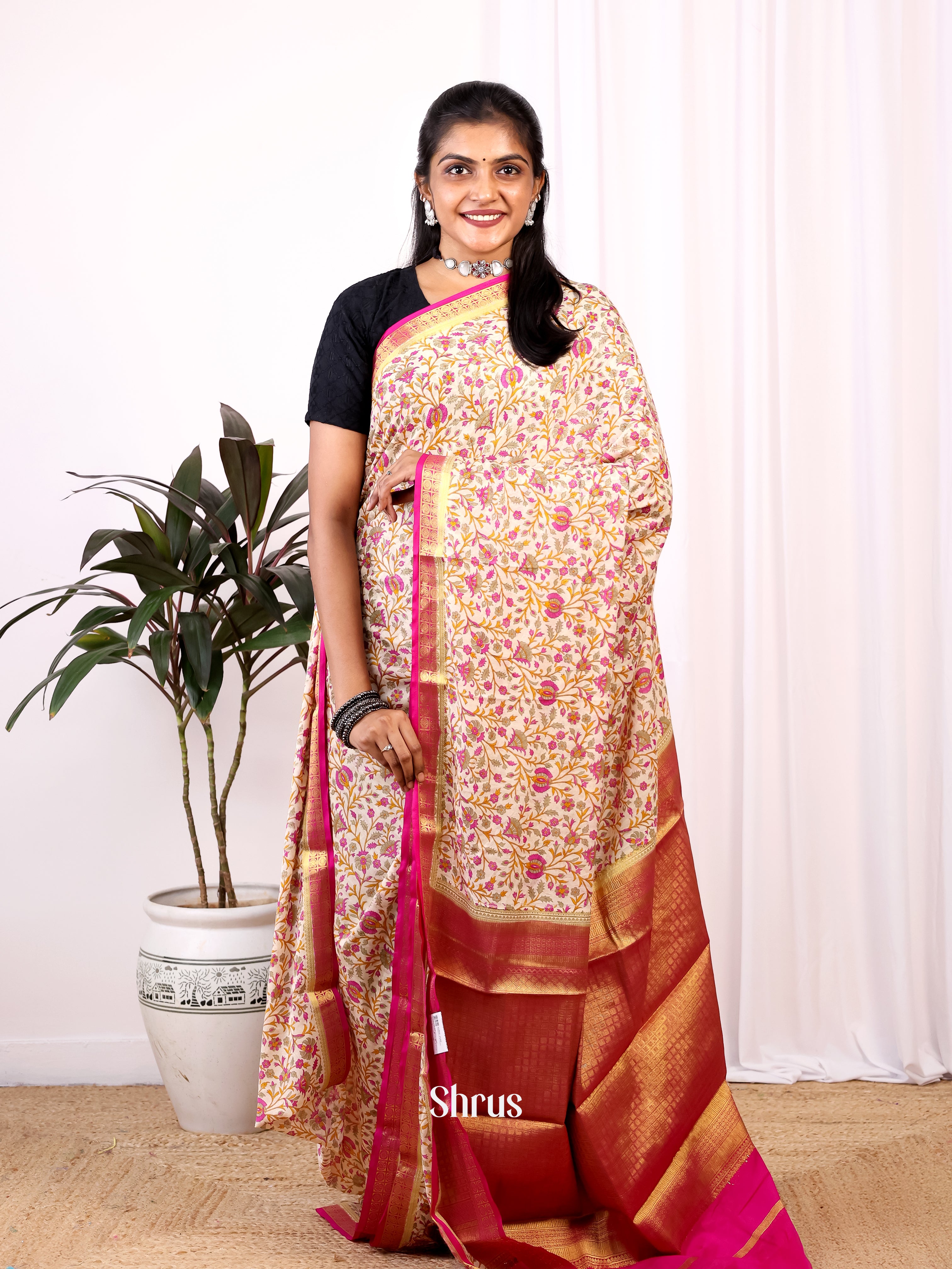 Cream & Majenta - Semi Mysoresilk Saree - Shop on Shrus.com