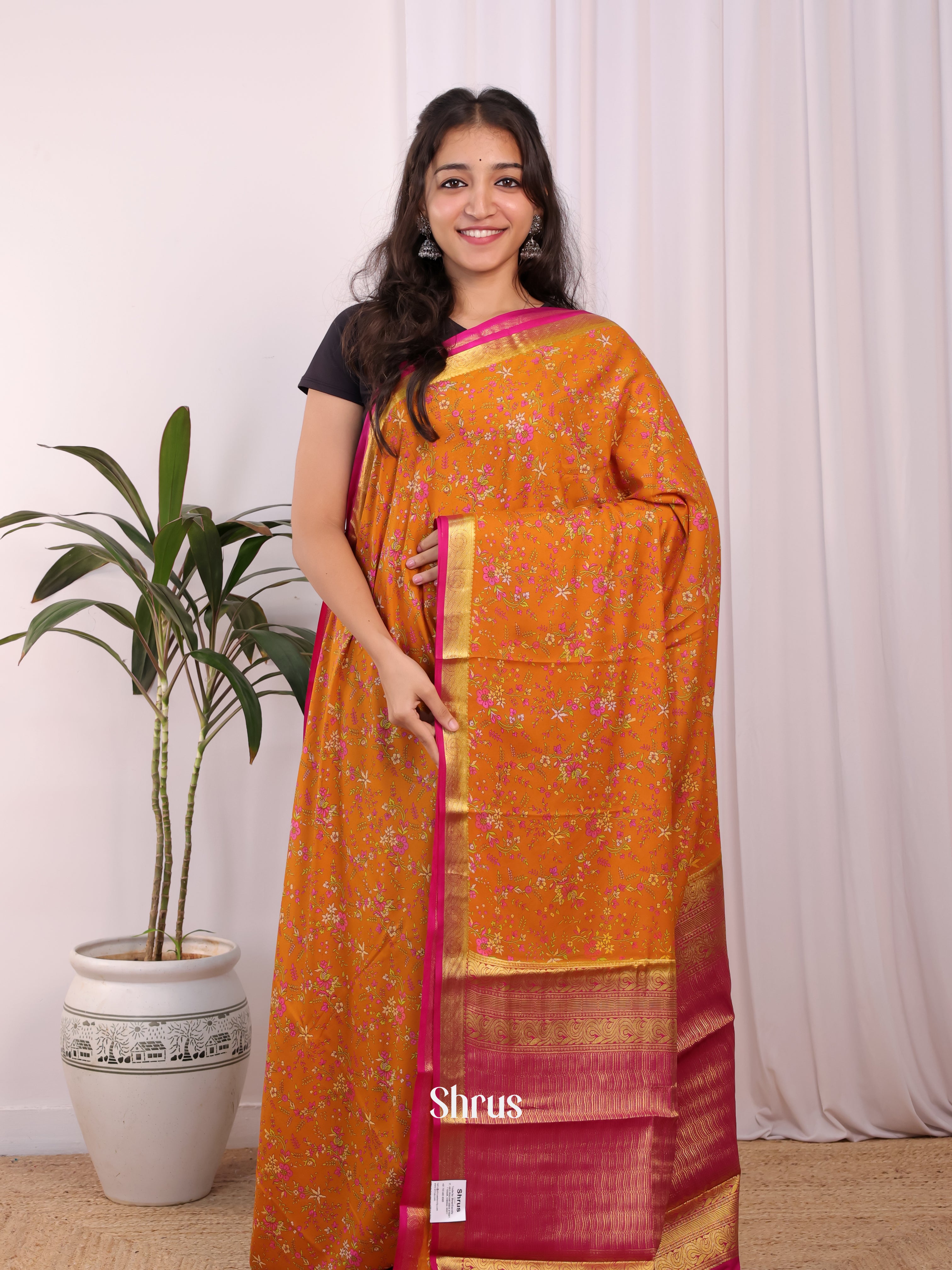 Orange & Pink - Semi Mysoresilk Saree - Shop on Shrus.com