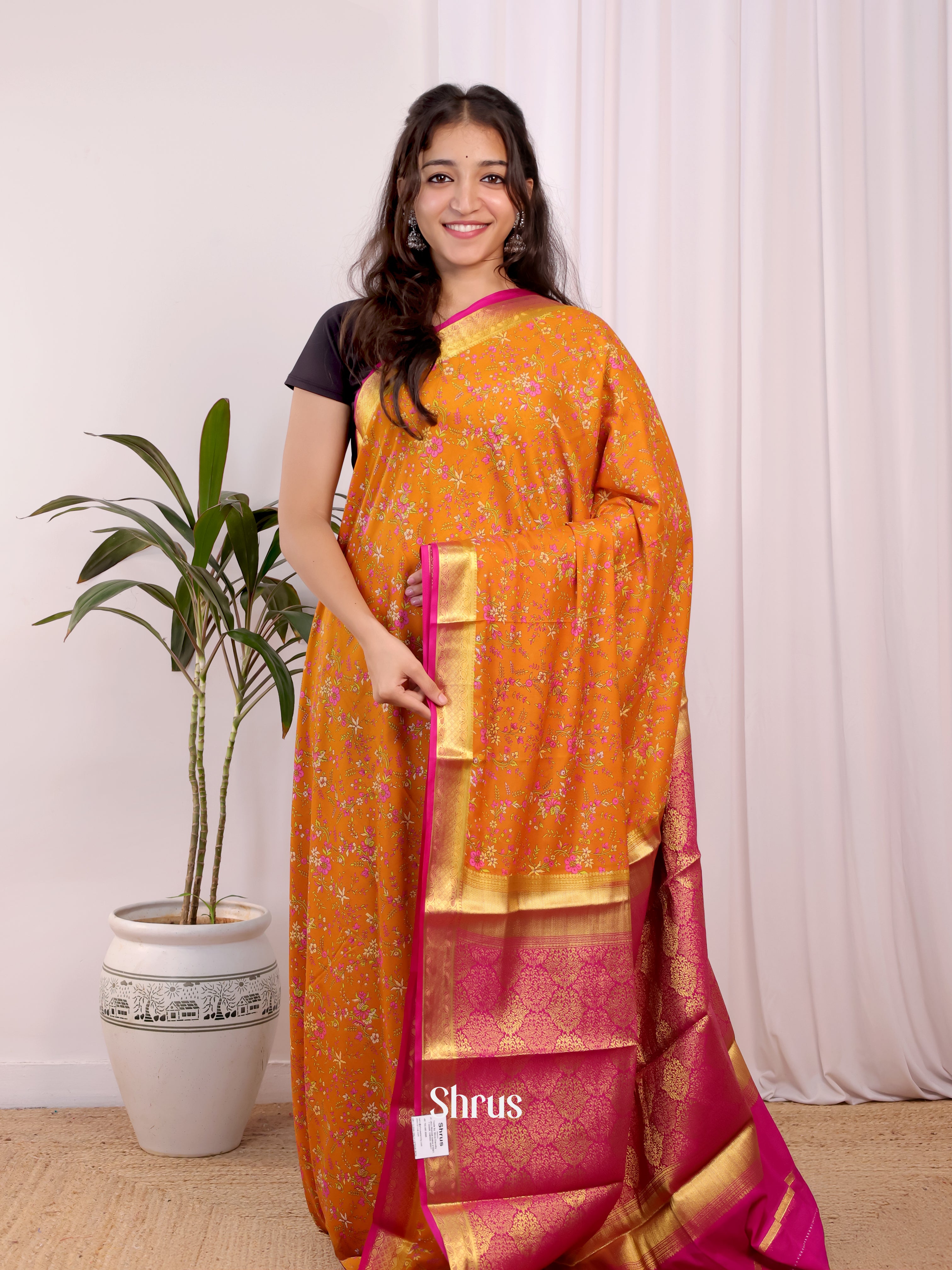 Orange & Pink - Semi Mysoresilk Saree - Shop on Shrus.com