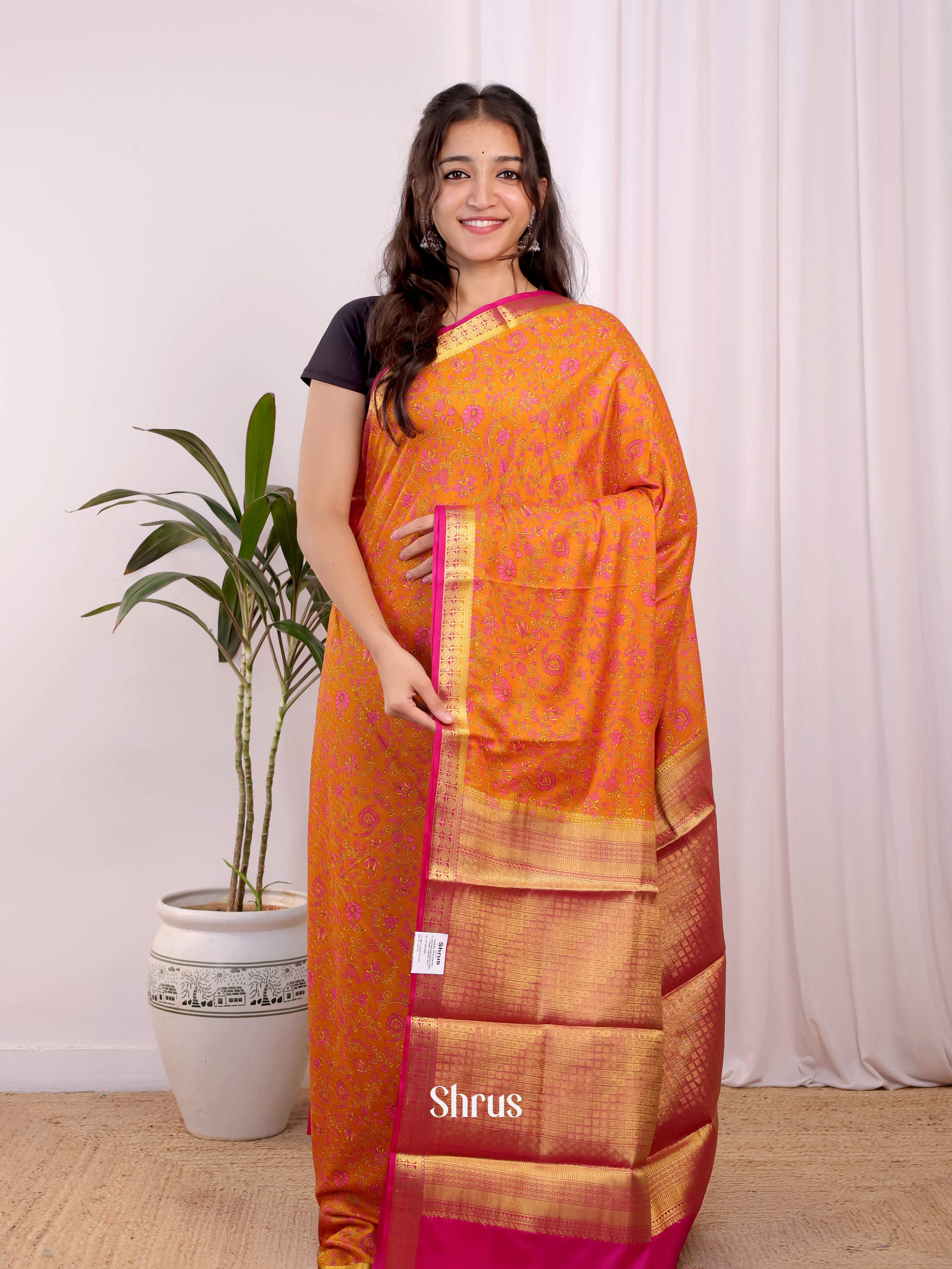 Orange & Pink - Semi Mysoresilk Saree - Shop on Shrus.com