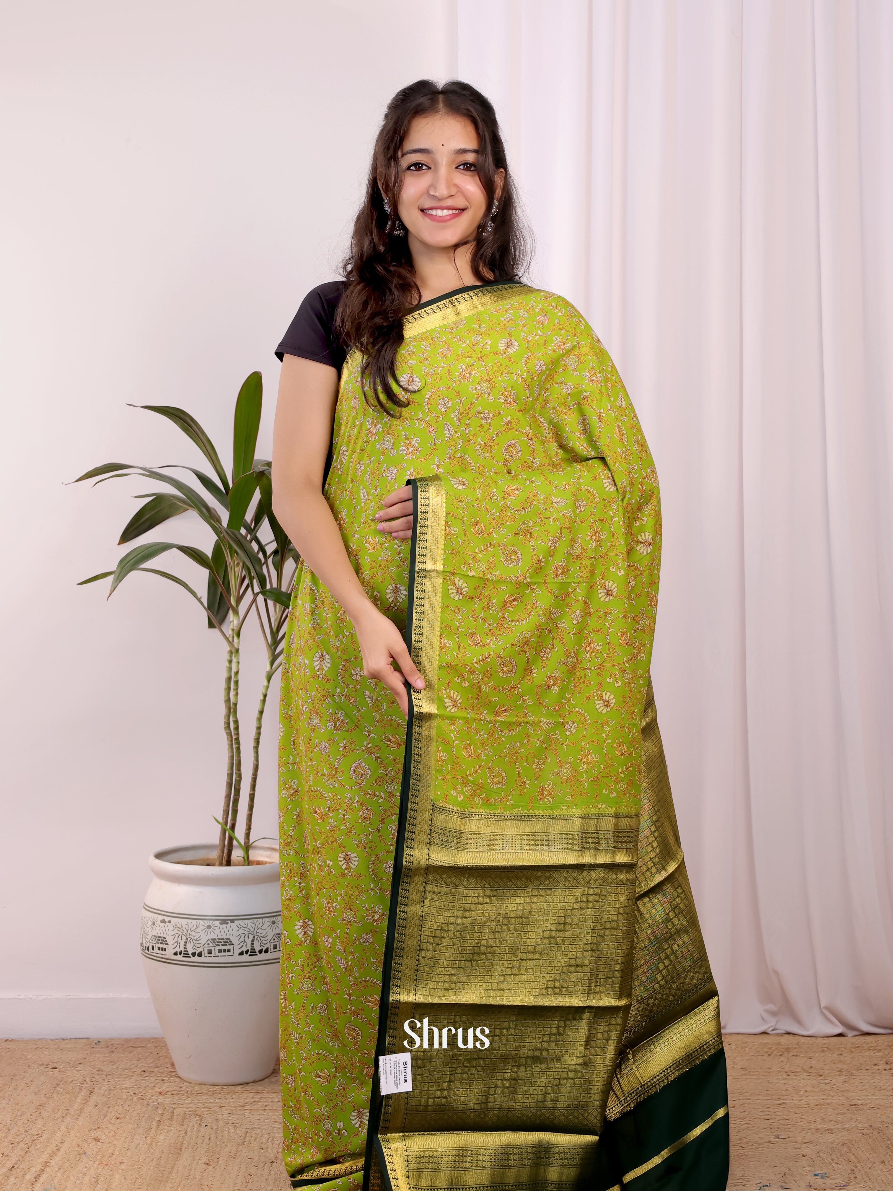 Lite Green & Green- Semi Mysoresilk Saree - Shop on Shrus.com