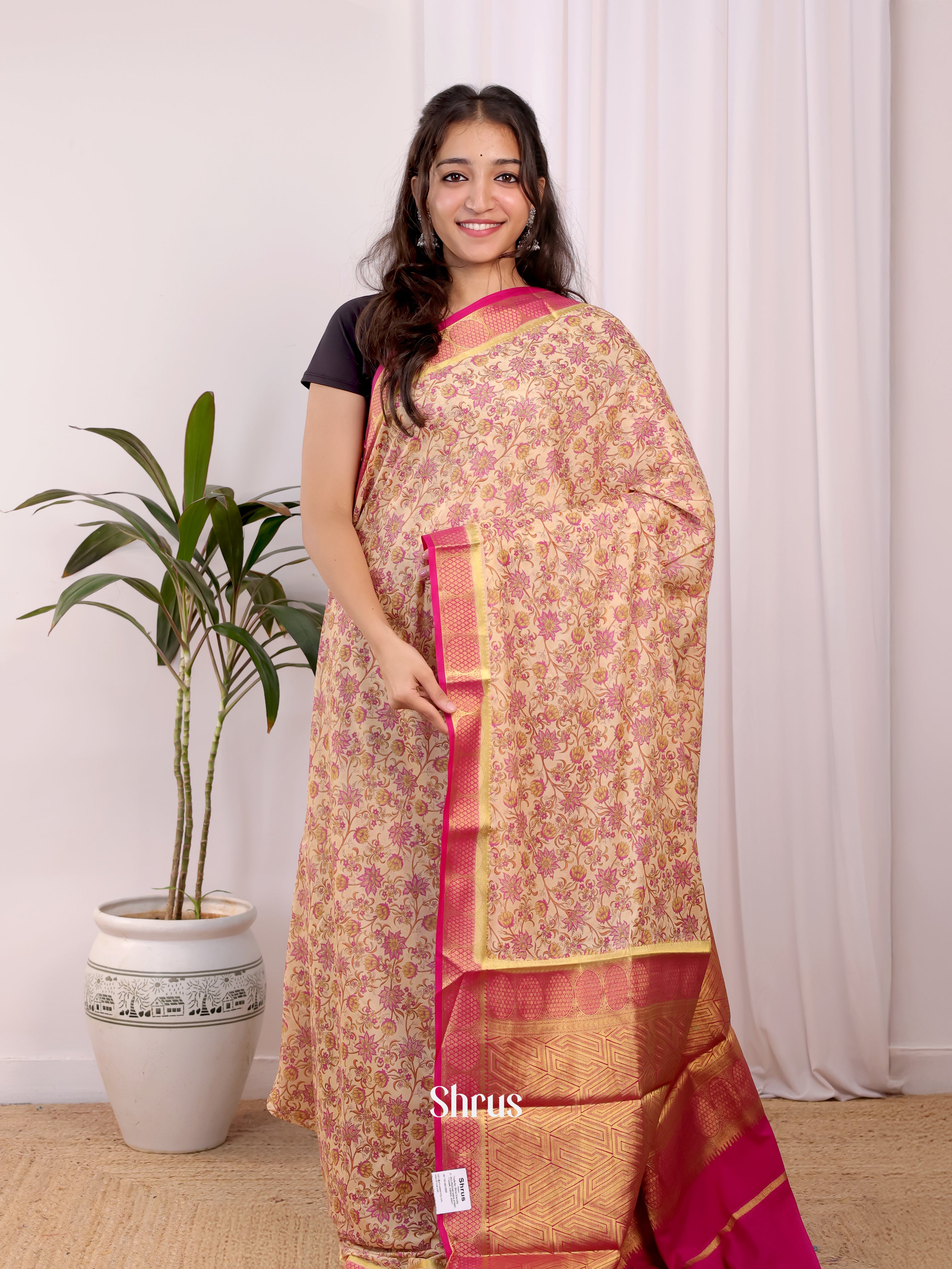 Peach & Pink - Semi Mysoresilk Saree - Shop on Shrus.com