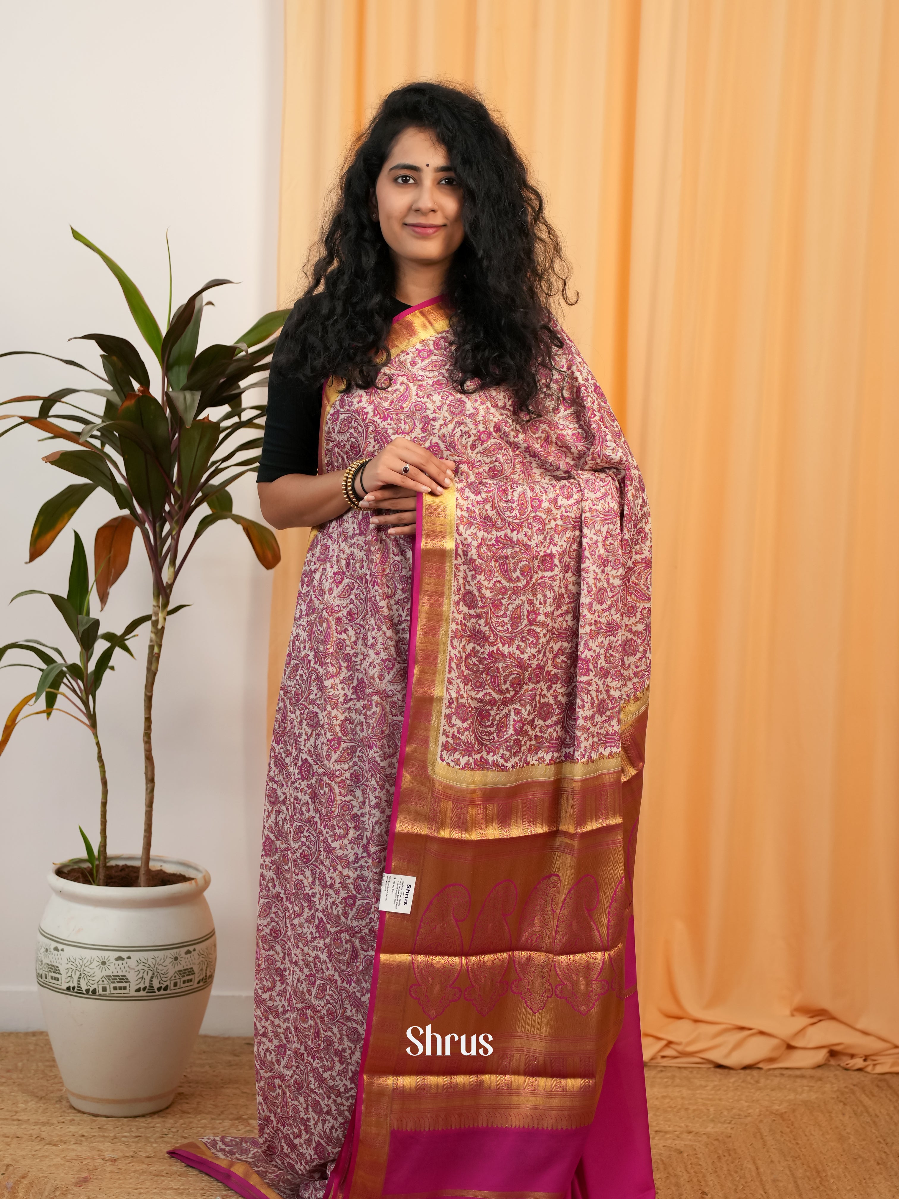 Cream & Pink - Semi Mysoresilk Saree - Shop on Shrus.com
