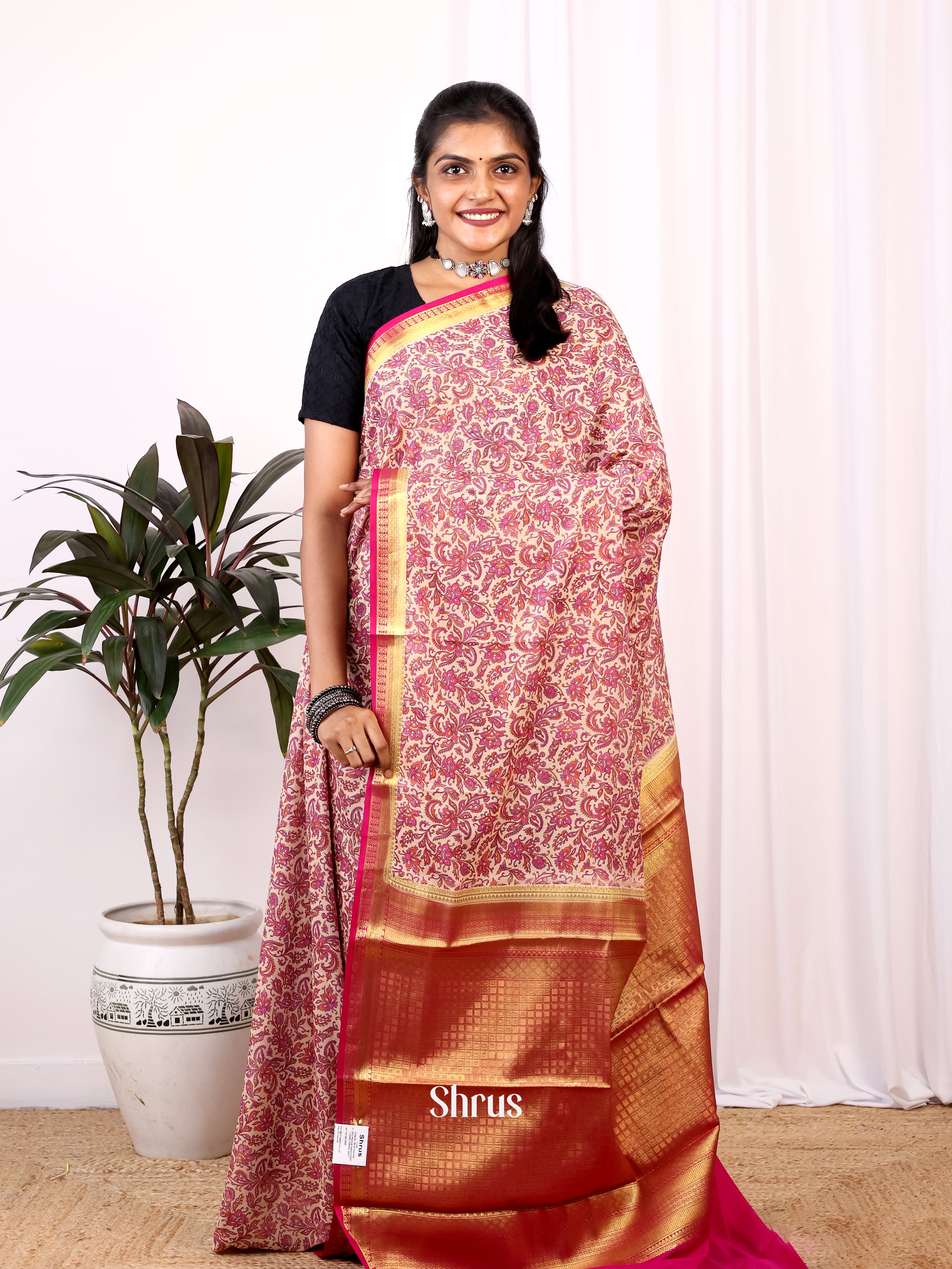 Cream- Semi Mysoresilk Saree - Shop on Shrus.com